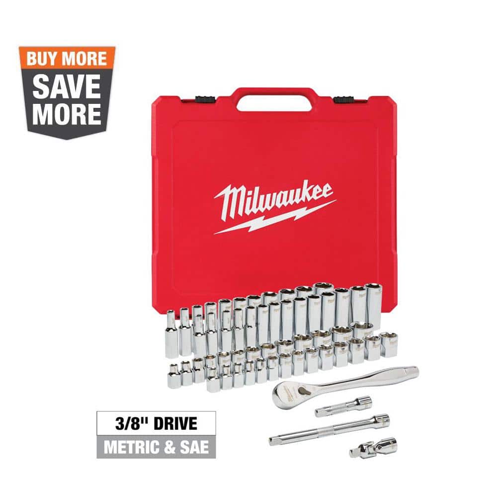 Milwaukee 3/8 in. Drive SAE/Metric Ratchet and Socket Mechanics Tool Set (56-Piece) 48-22-9008 - Mycitystee