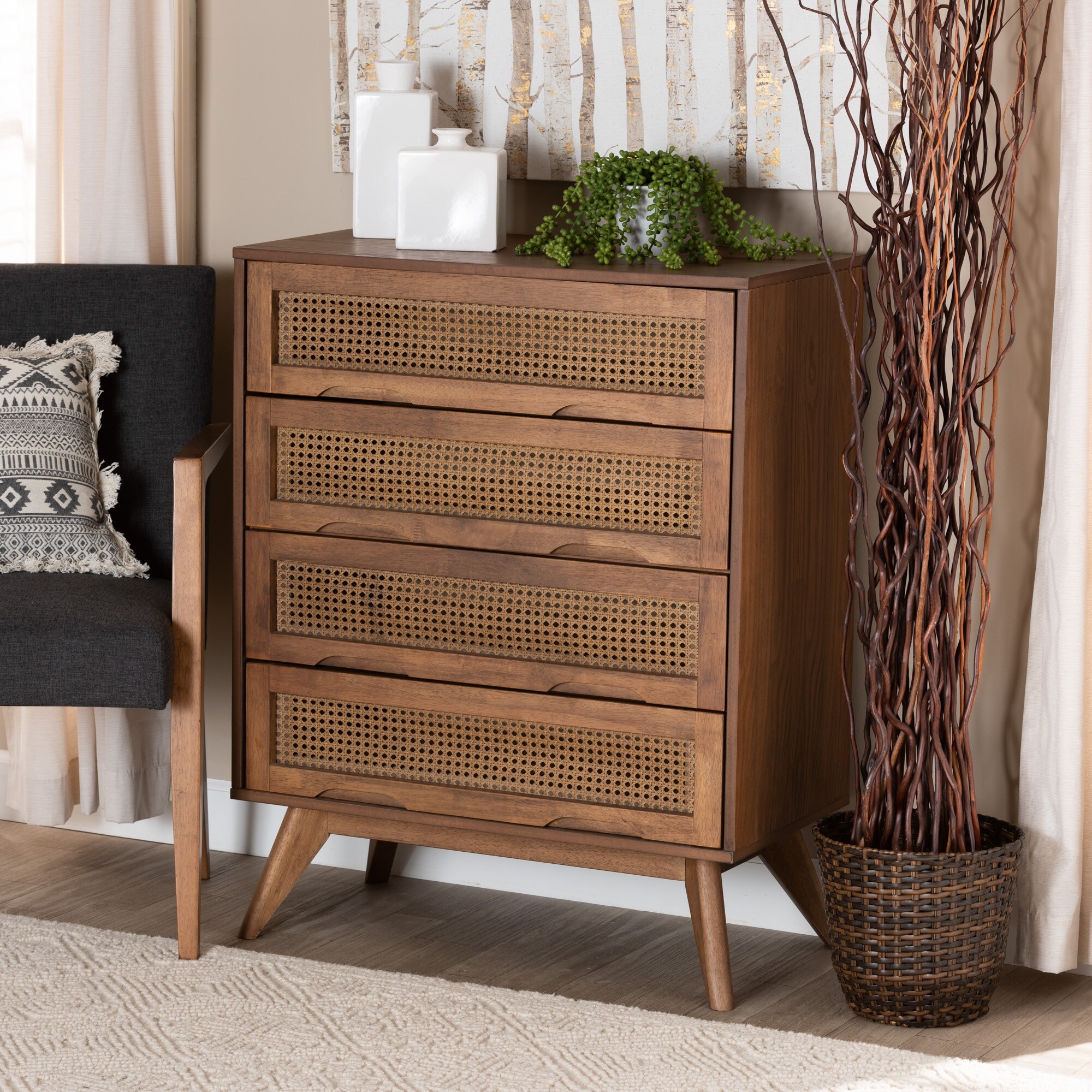 Barrett Mid-Century Modern Wood and Rattan Chest in Walnut Brown Color - - 34338311 - Mycitystee