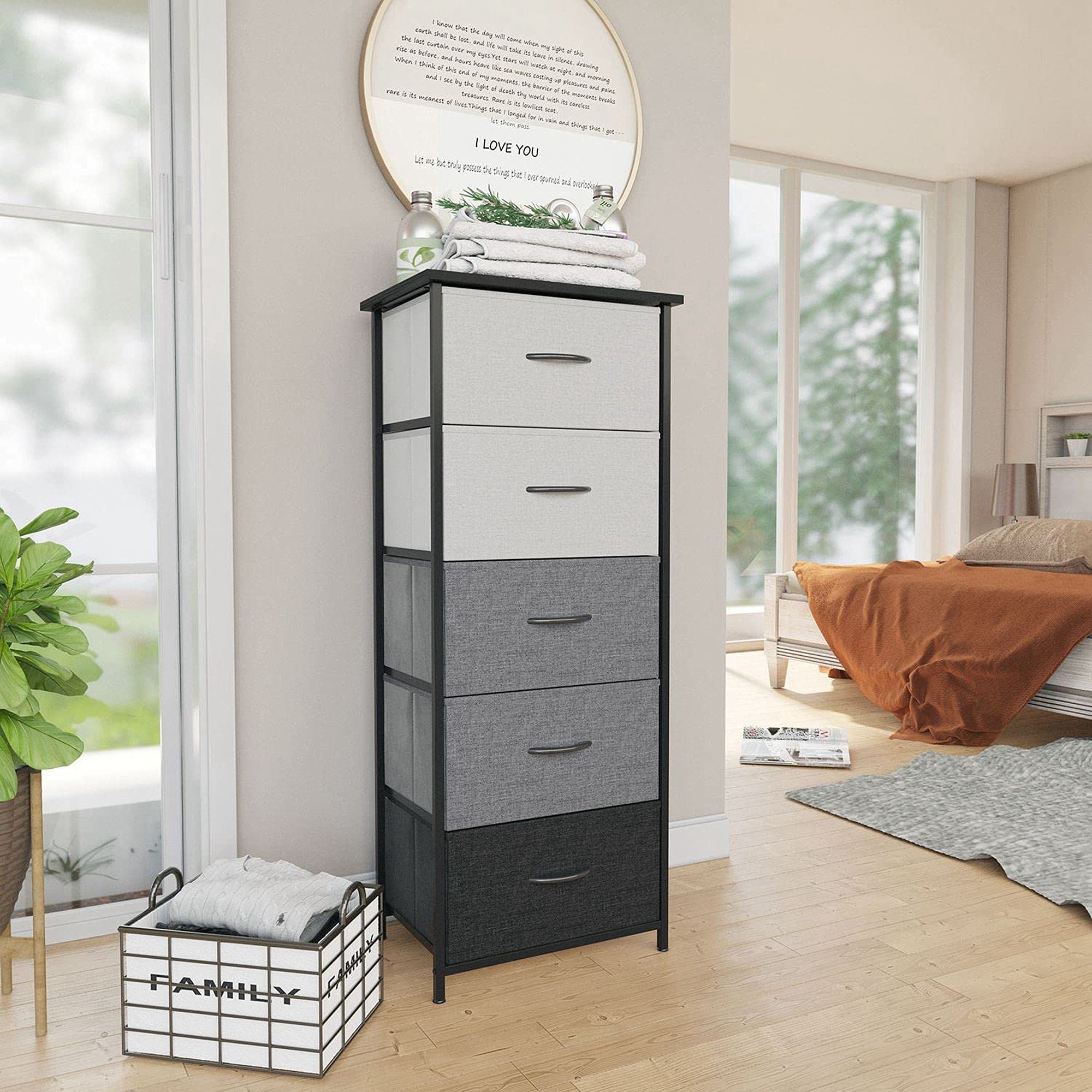 5 Drawers Dresser， Tall Dresser Vertical Storage Tower with Wooden Handle and Wooden Top - - 37475943 - Mycitystee