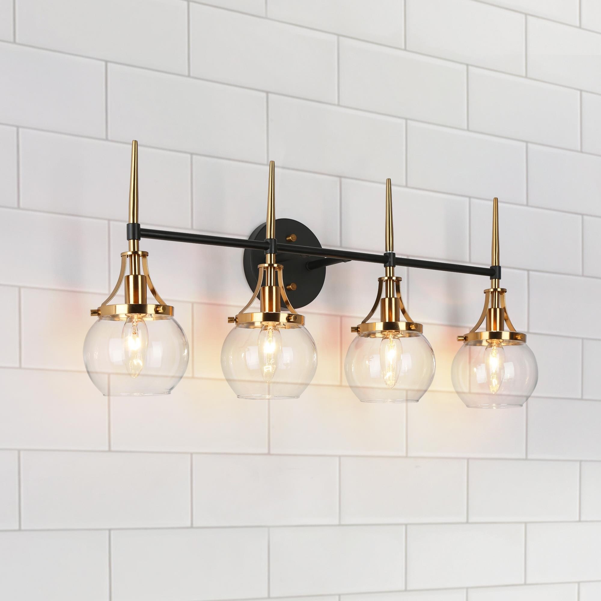 Beta Modern 4-Light Black Gold Bathroom Vanity Lights Linear Glass Wall Sconces - 28.5''L x 7''W x 12.5''H - Mycitystee