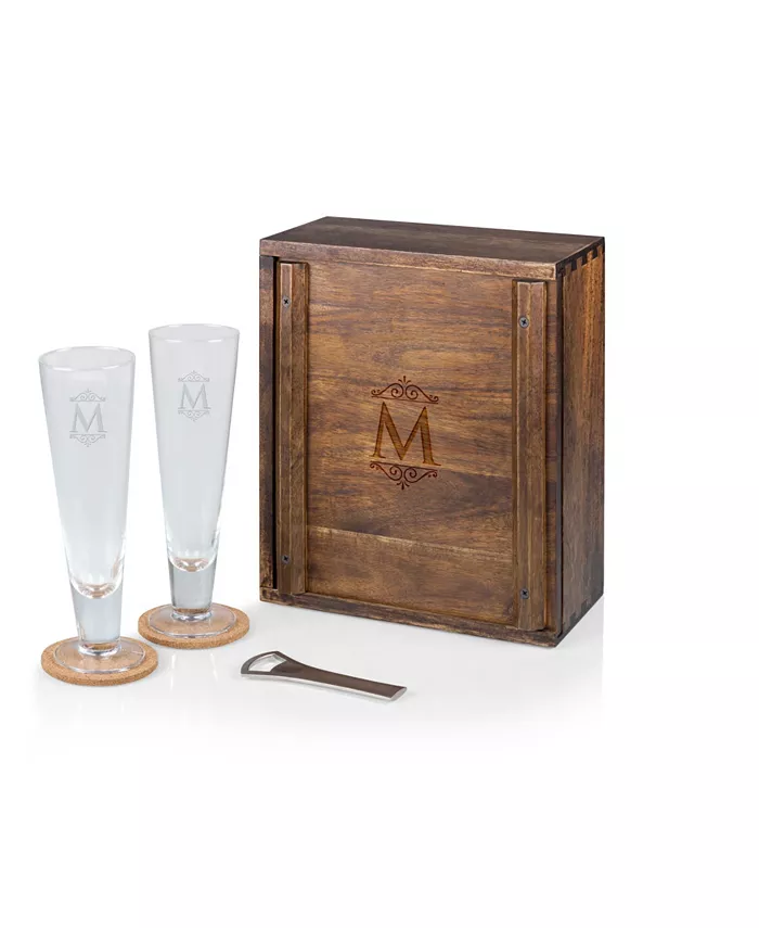 Legacy Monogram Pilsner Beer Glass Gift Set， Acacia Wood - Mycitystee