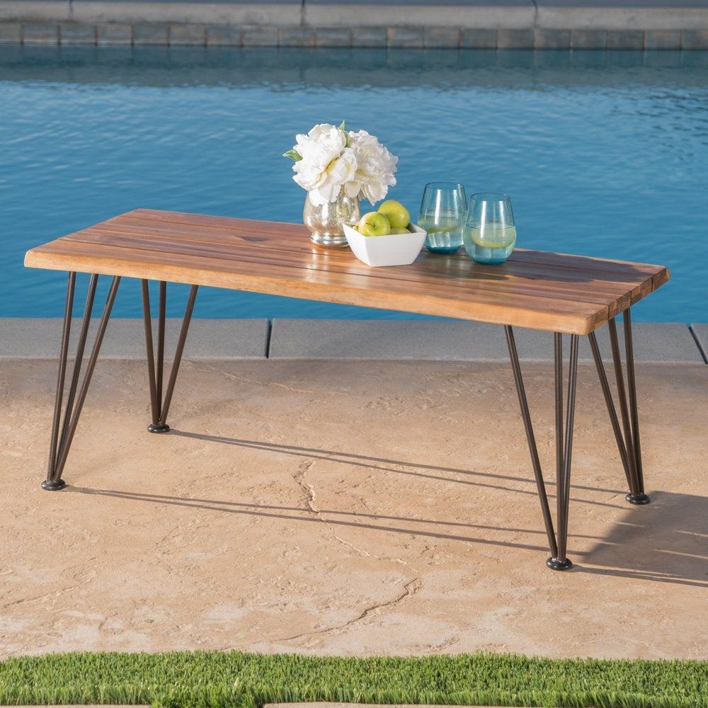 Outdoor Industrial Coffee Table， Teak Finish， Rustic Metal - Mycitystee