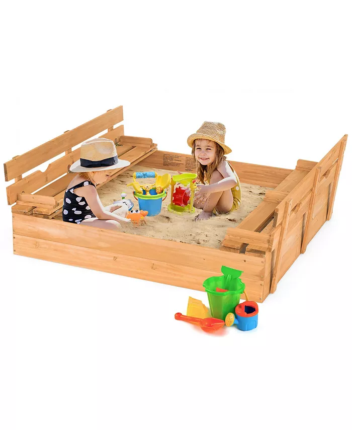 Costway Kids Large Wooden Sandbox w Cover 2 Convertible Bench Seats for Outdoor Play - Mycitystee