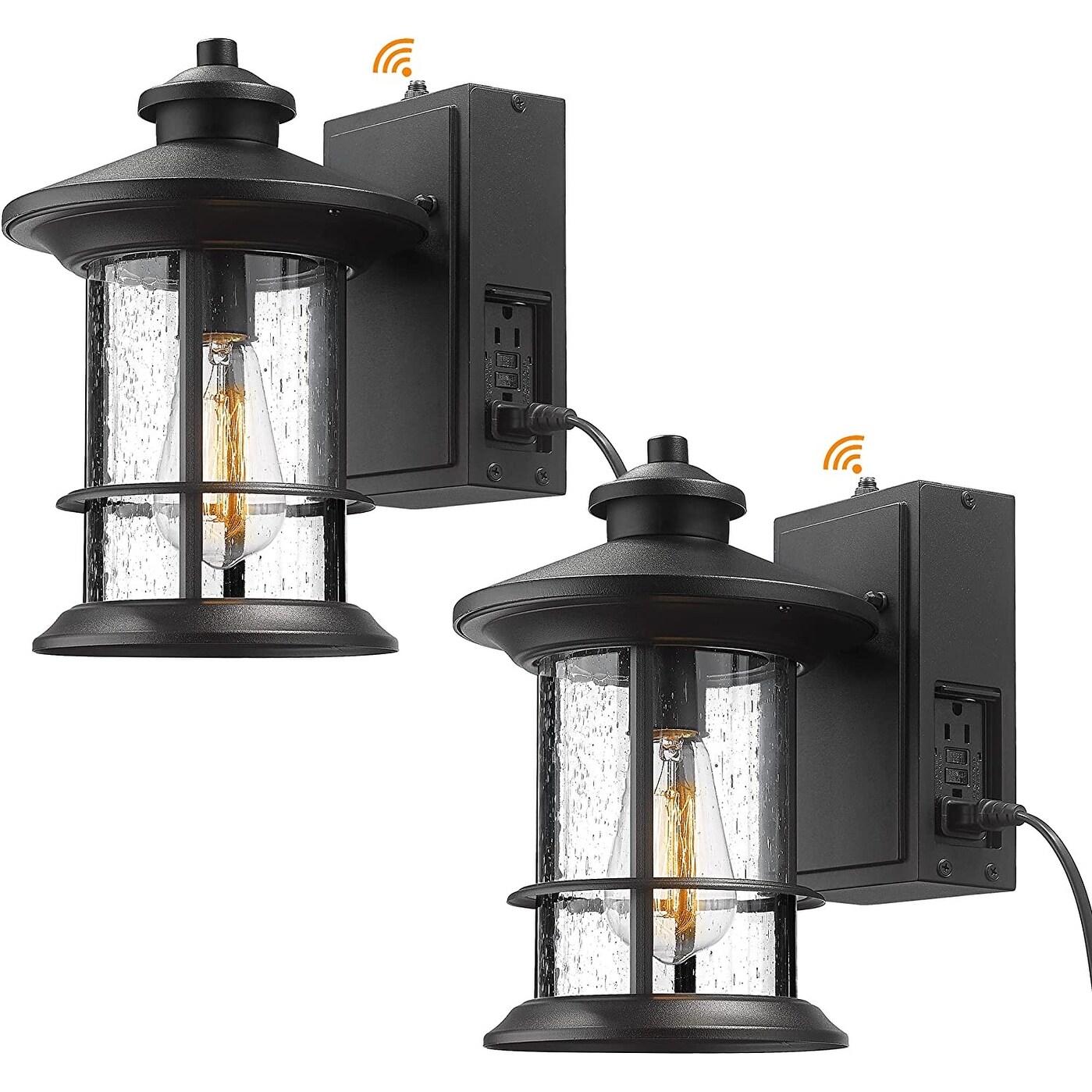 Porch Light with Built-in GFCI Outlet， Dusk to Dawn Outdoor Lighting Photocell Sensor， Aluminum with Seeded Glass， Black Finish Shopping - The Best De - Mycitystee