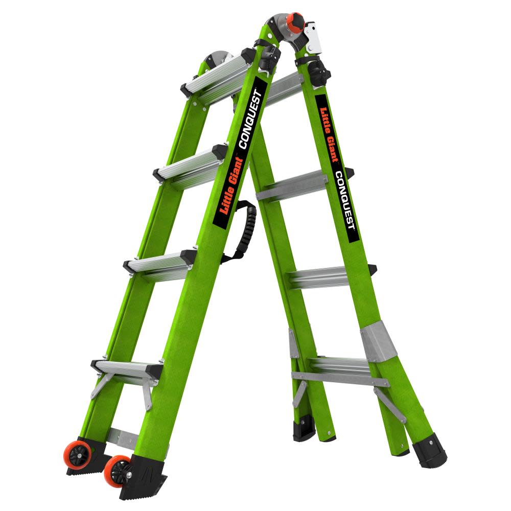Conquest 2.0, Model 17 - ANSI Type 1A - 300 lb Rated - Fiberglass Articulated Extendable Ladder with Accessory Ports, Carry Handle, V-Bar and Tip & Gl - Mycitystee