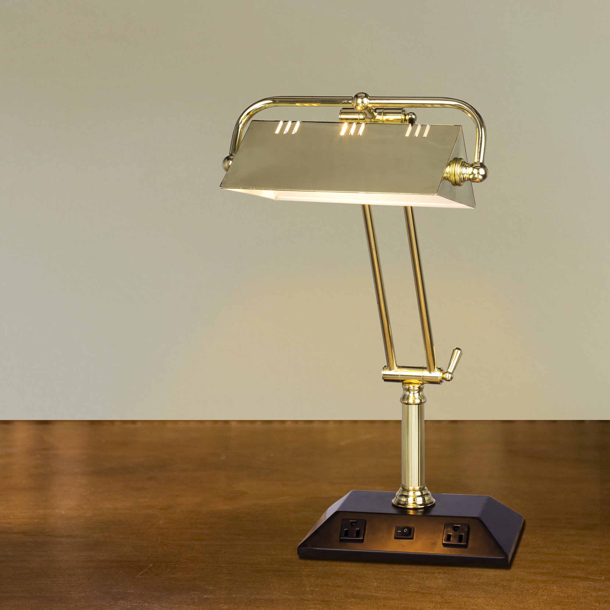 24 in. Adjustable Satin Brass Tech Table Lamp w/2 base Outlets - Mycitystee