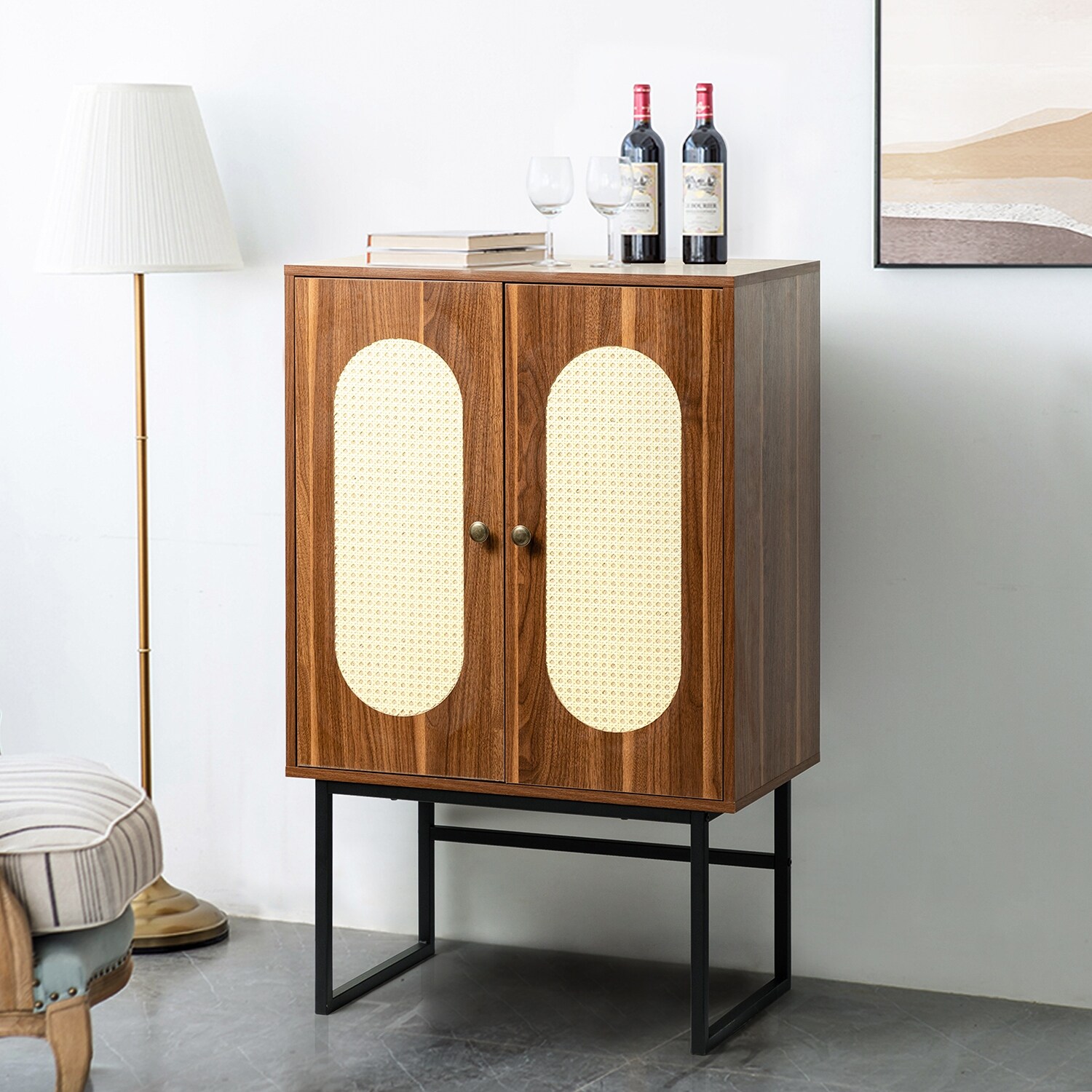 2-Door Accent Wood Cabinet with Interior Shelves and Black Metal Base - - 35762295 - Mycitystee