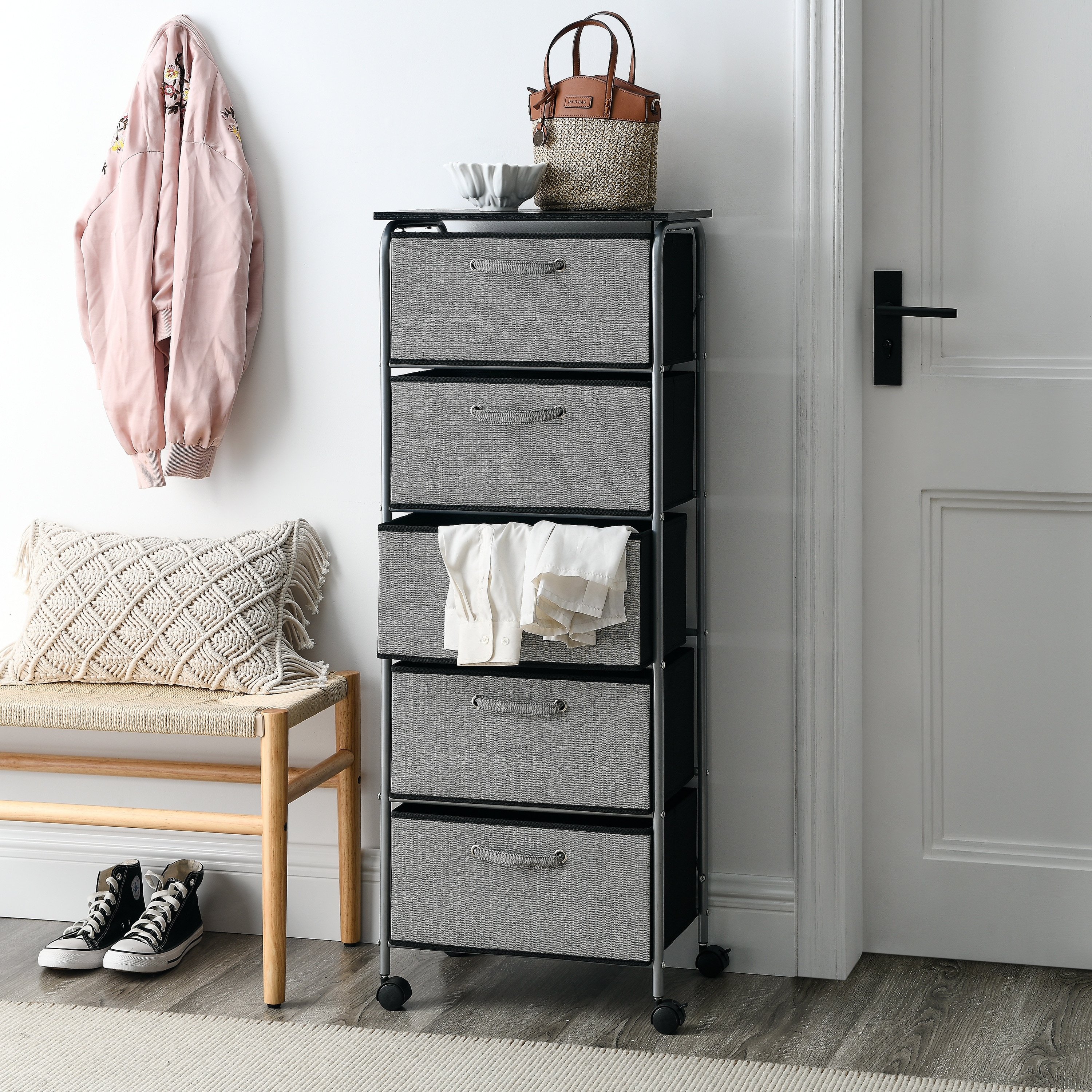 5 Drawers Fabric Dresser Storage Tower Shelves with MDF Top; Organizer Unit for Bedroom; Closet; Entryway; Hallway - - 37776940 - Mycitystee