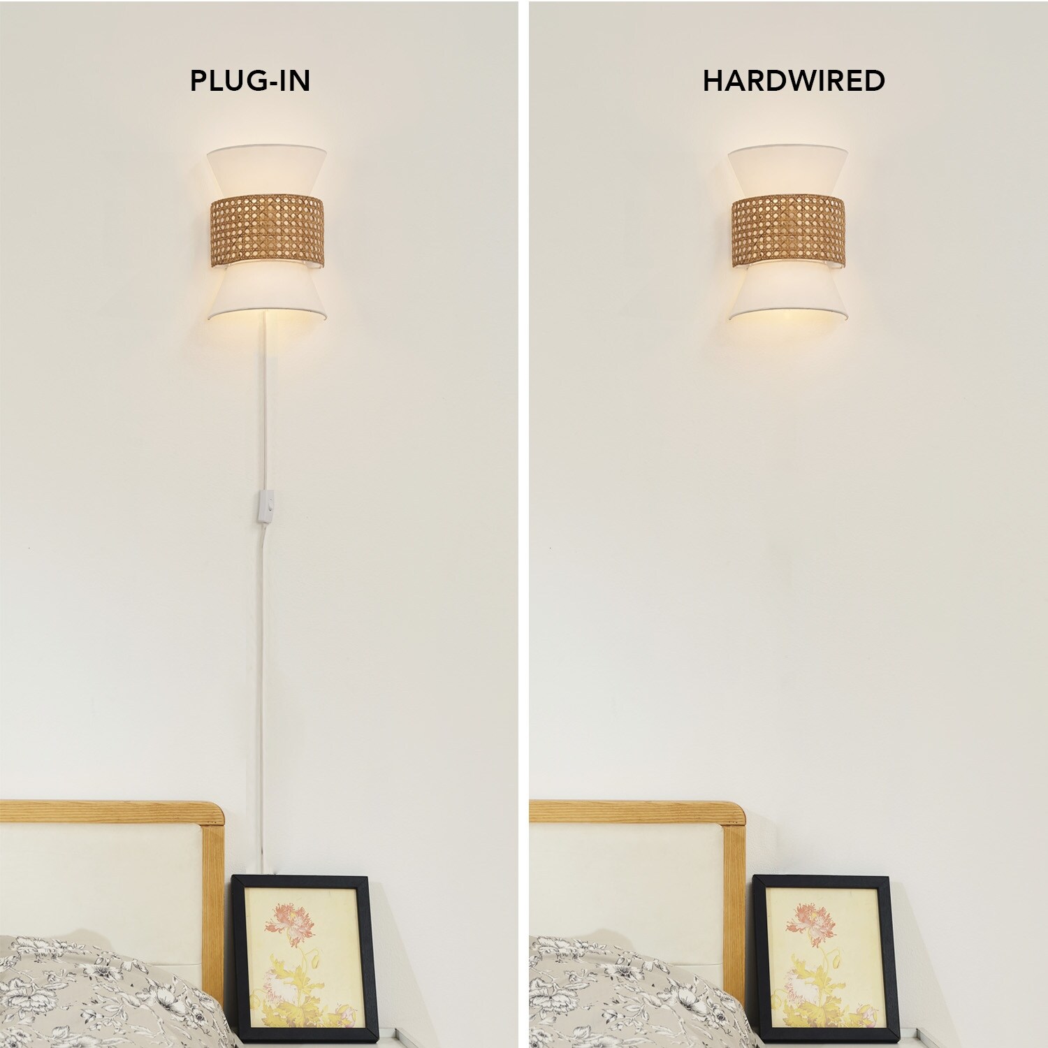 Ayla 2-Light Plug-In or Hardwire Wall Sconce with White Fabric Shade and Rattan Accent - one size - Mycitystee