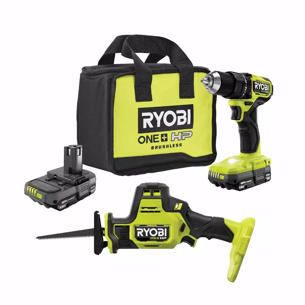 RYOBI ONE+ HP 18V Brushless Cordless Compact with 1/2 in. Drill/Driver， One-Handed Recip Saw， (2) 1.5 Ah Batteries， Charger and#8211; XDC Depot - Mycitystee