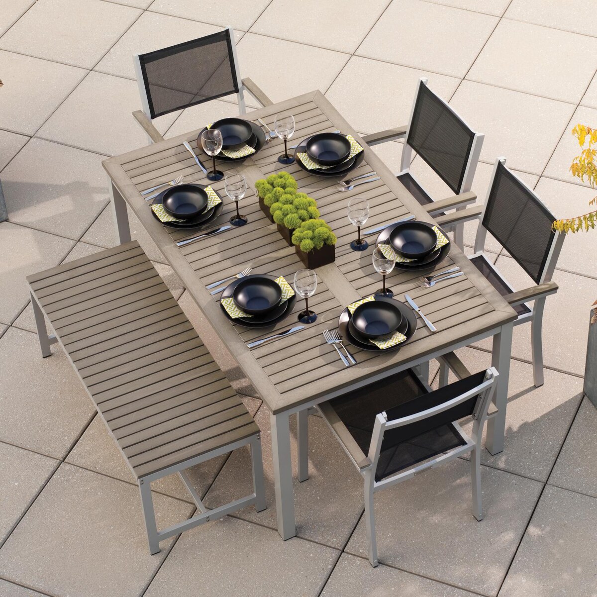 Oxford Garden Travira 6 Piece Flint Aluminum Patio Dining Set W/ Black Sling Armchairs， 63-Inch Rectangular Vintage Tekwood Table and Backless Bench , - Mycitystee