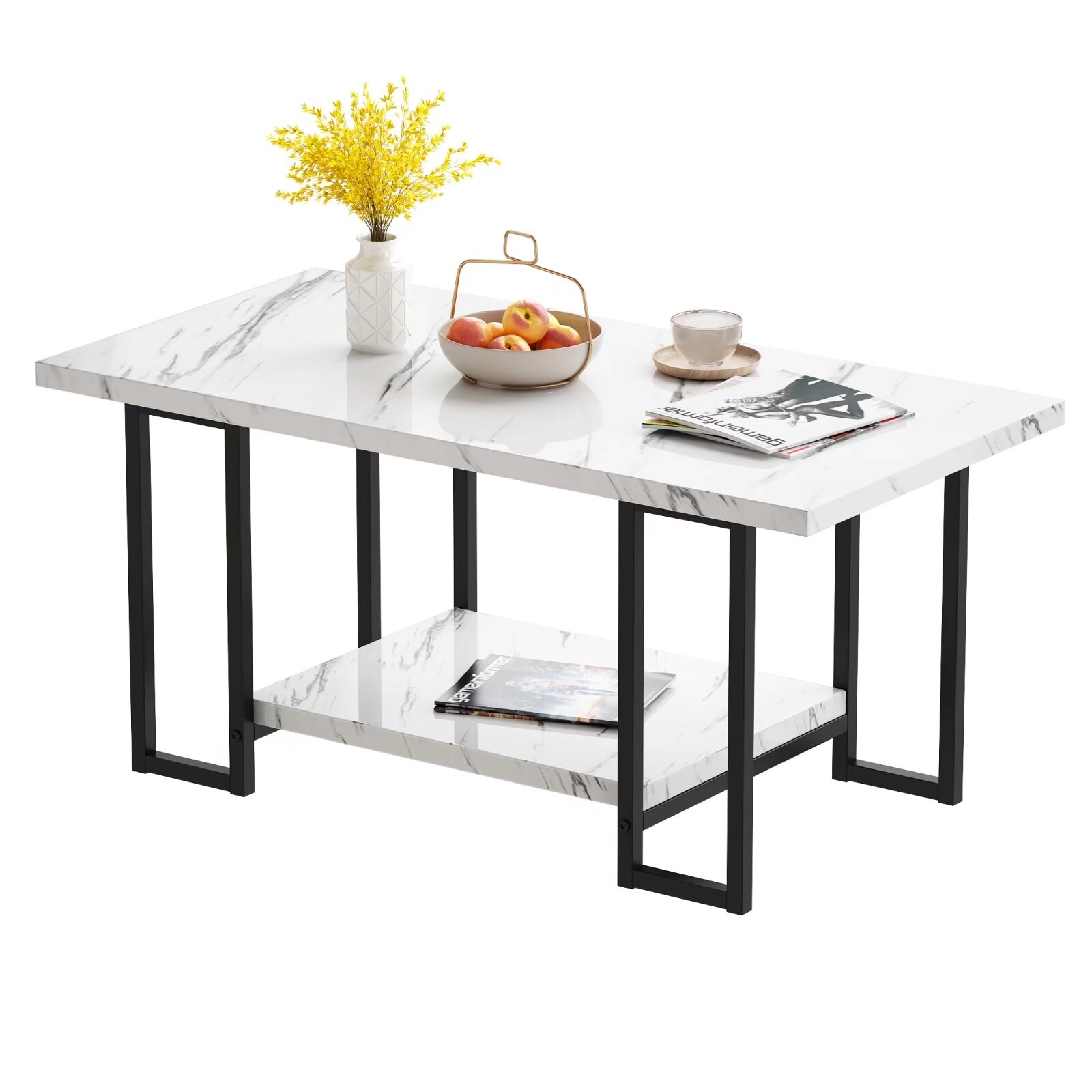 2 -Tier Rectangle Coffee Table， Black Base and Faux Marble Table top for Living Room， Double Metal Leg Design - Mycitystee