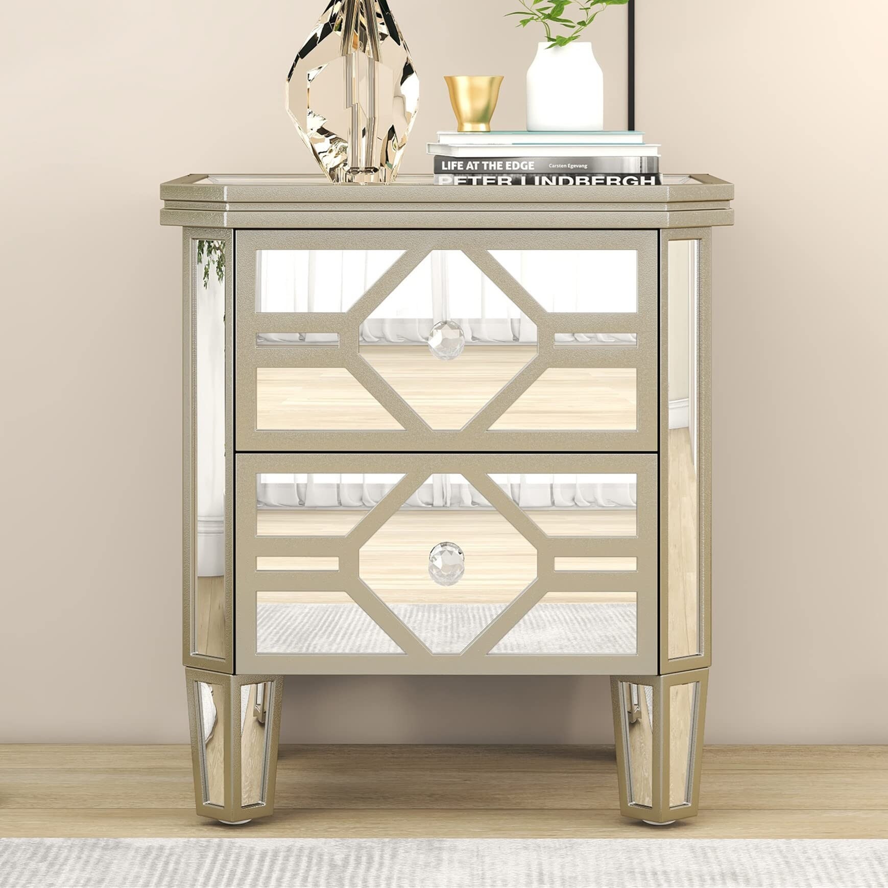 Mirrored 2 Drawers Dresser Modern Luxury Bedside Table Shiny Bedroom Nightstand Storage Cabinet - as picture - - 37668361 - Mycitystee