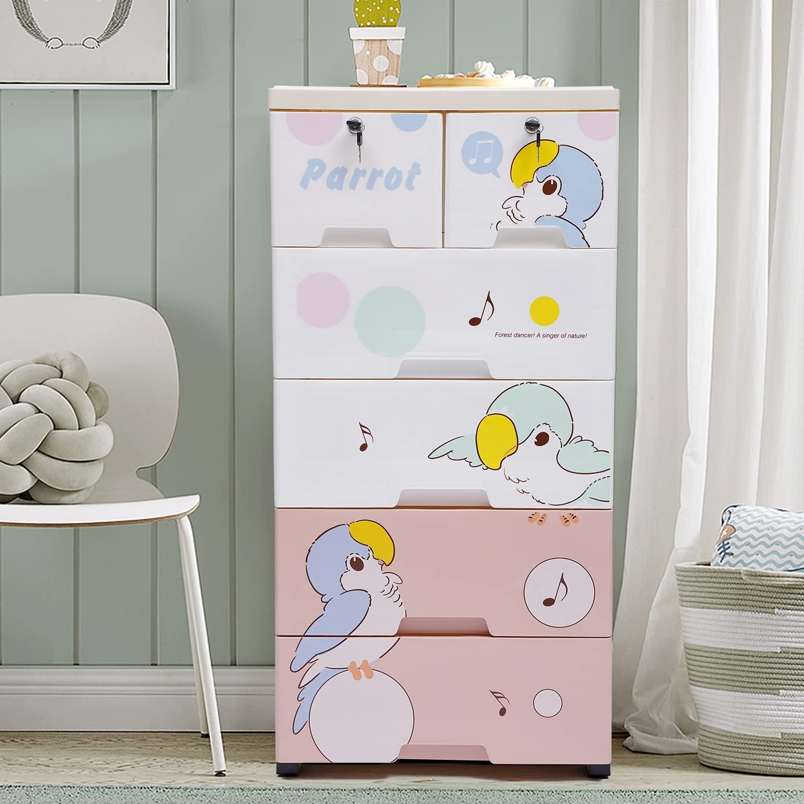 Plastic Drawers Dresser with Parrot Pattern， Storage Cabinet with 6 Drawers， Closet Drawers Tall Dresser Organizer for Clothes - - 37668338 - Mycitystee