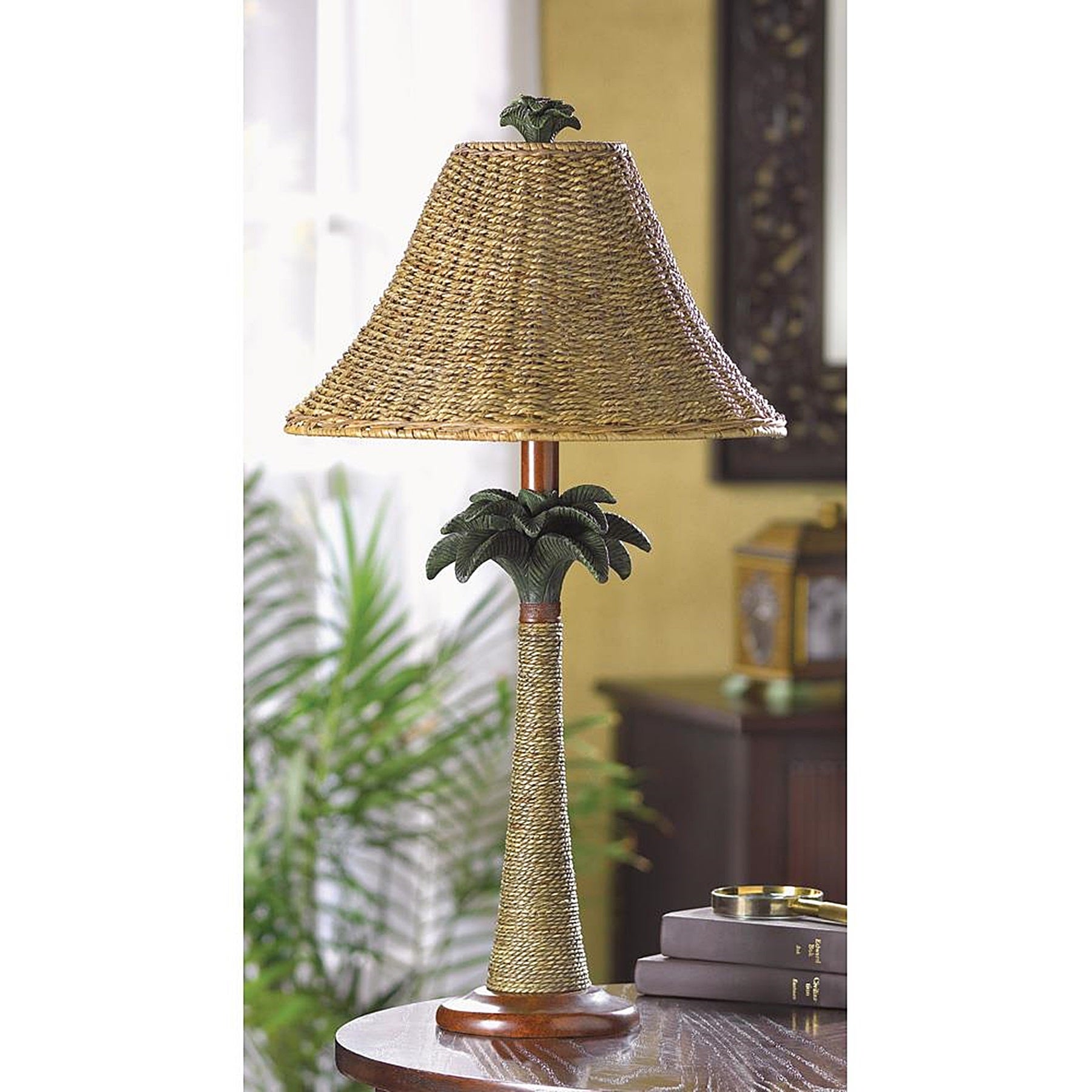 Modern Brown Polyresin and Rattan Base with Woven Shade Palm Table Lamp - Mycitystee