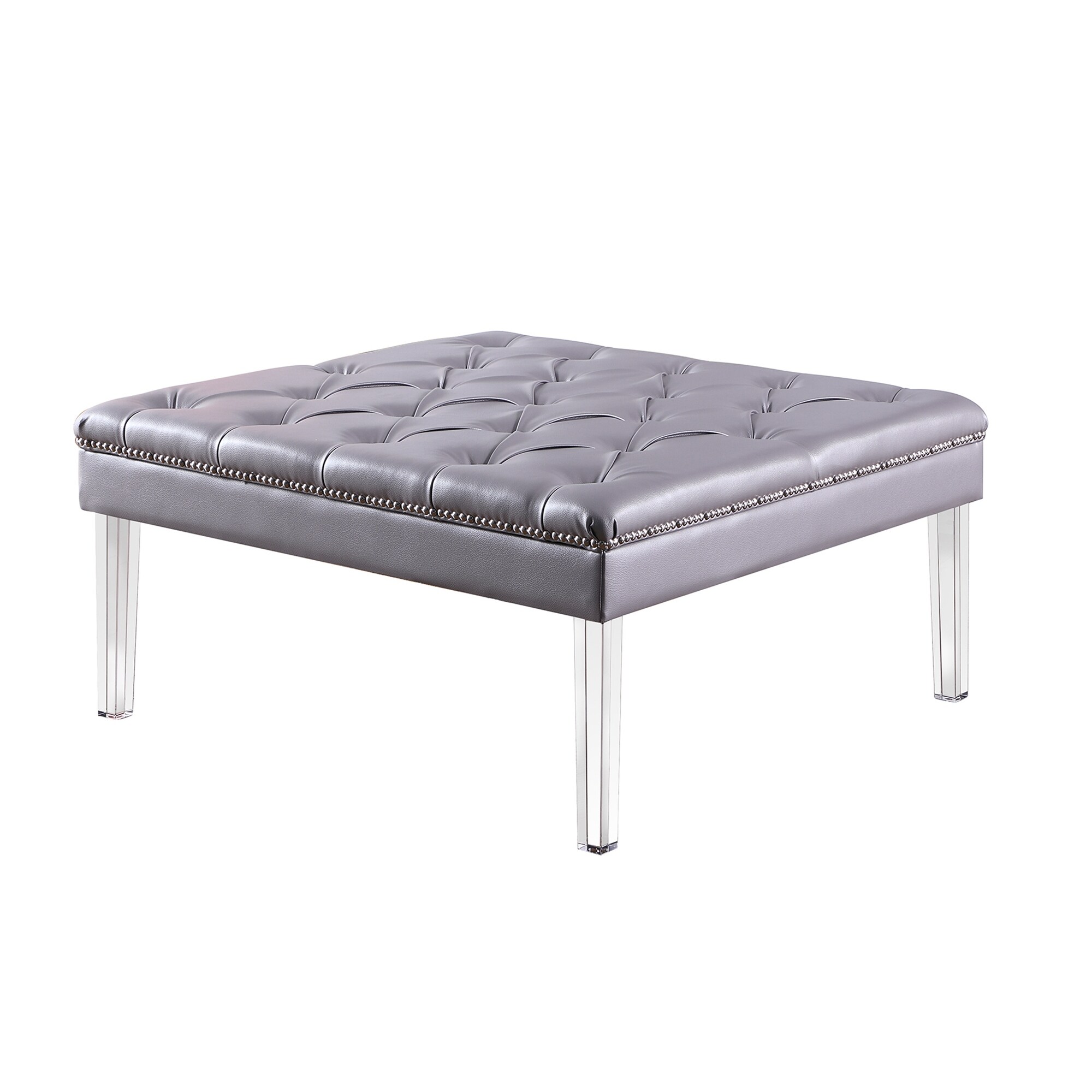 18-inch Faux Leather Upholstered Diamond Tufted Living Room Coffee Table with Acrylic Legs - Mycitystee