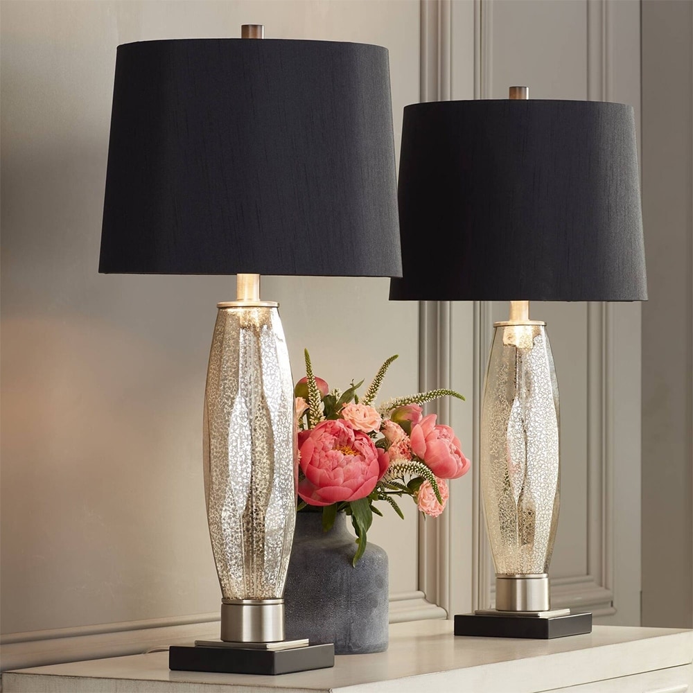 Set of 2 Modern Table Lamps Mercury Glass Black Shade - 13