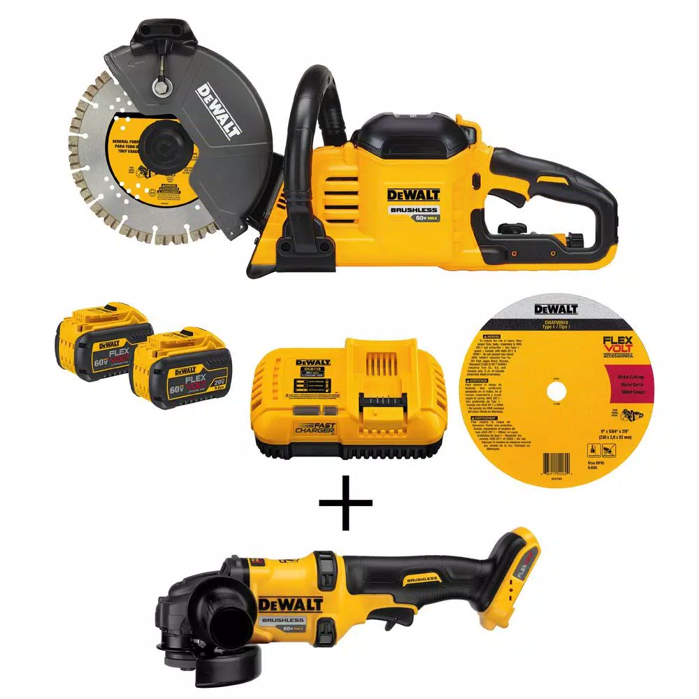DEWALT FLEXVOLT 60-Volt MAX Brushless 9 in. Cut-Off Construction Saw， (2) FLEXVOLT 9.0Ah Batteries and 4-1/2 in. Angle Grinder and#8211; XDC Depot - Mycitystee