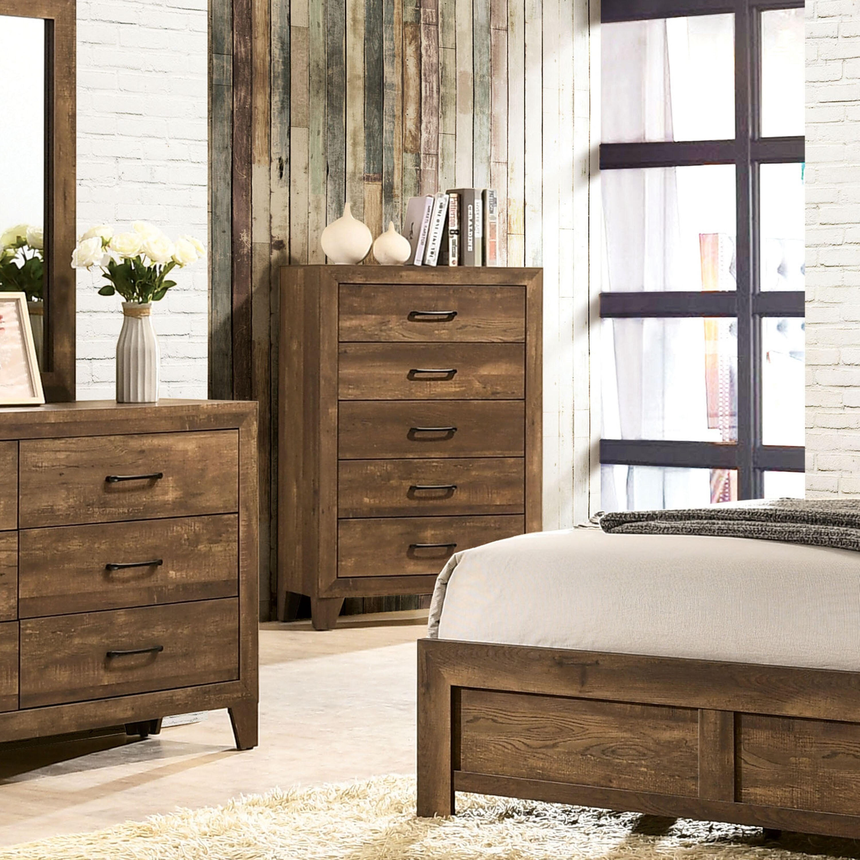 Furniture of America Loa Rustic Light Walnut Metal Bar 5-drawer Chest - - 30977995 - Mycitystee