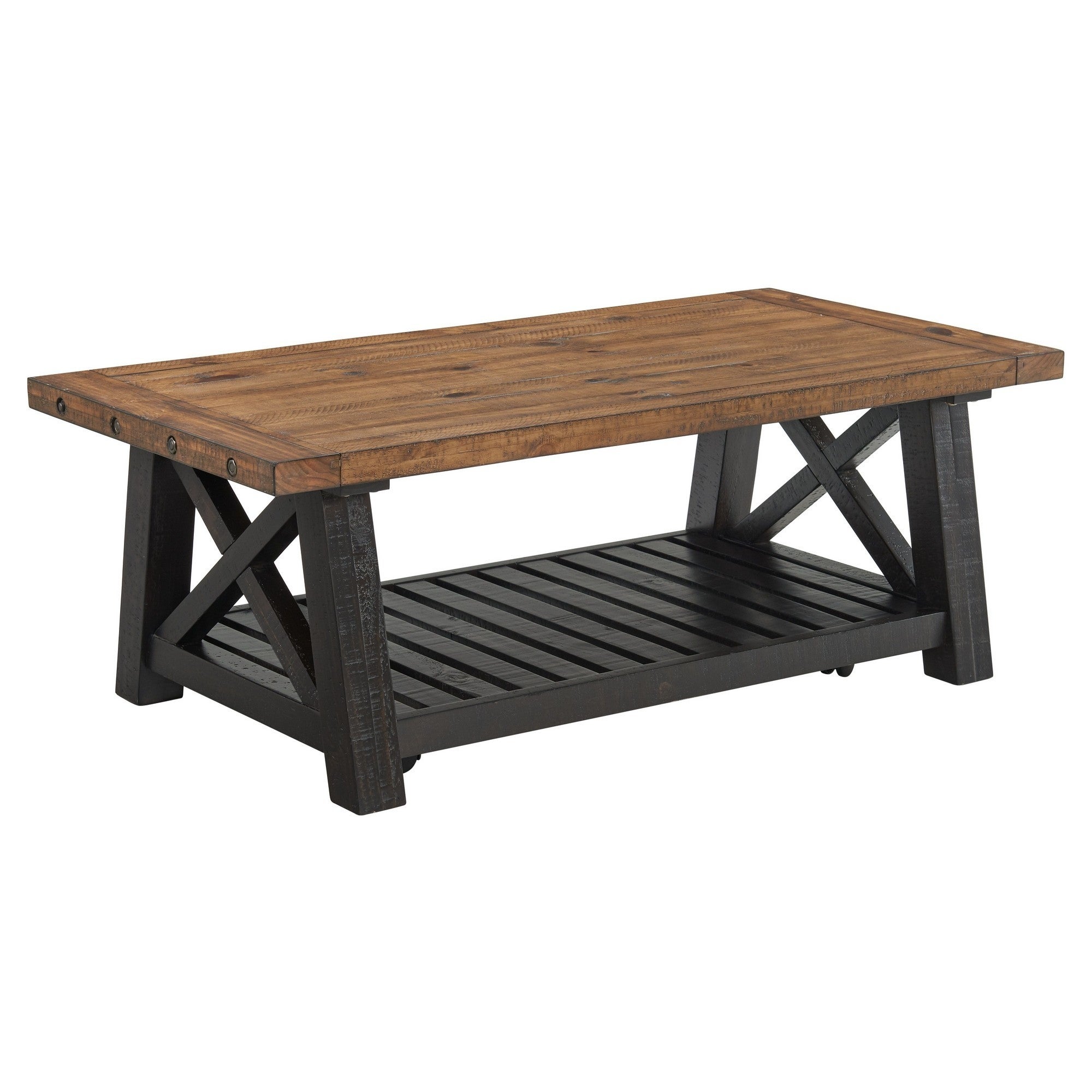 Coffee Table with Slatted Shelf and X Legs， Brown and Black - Mycitystee