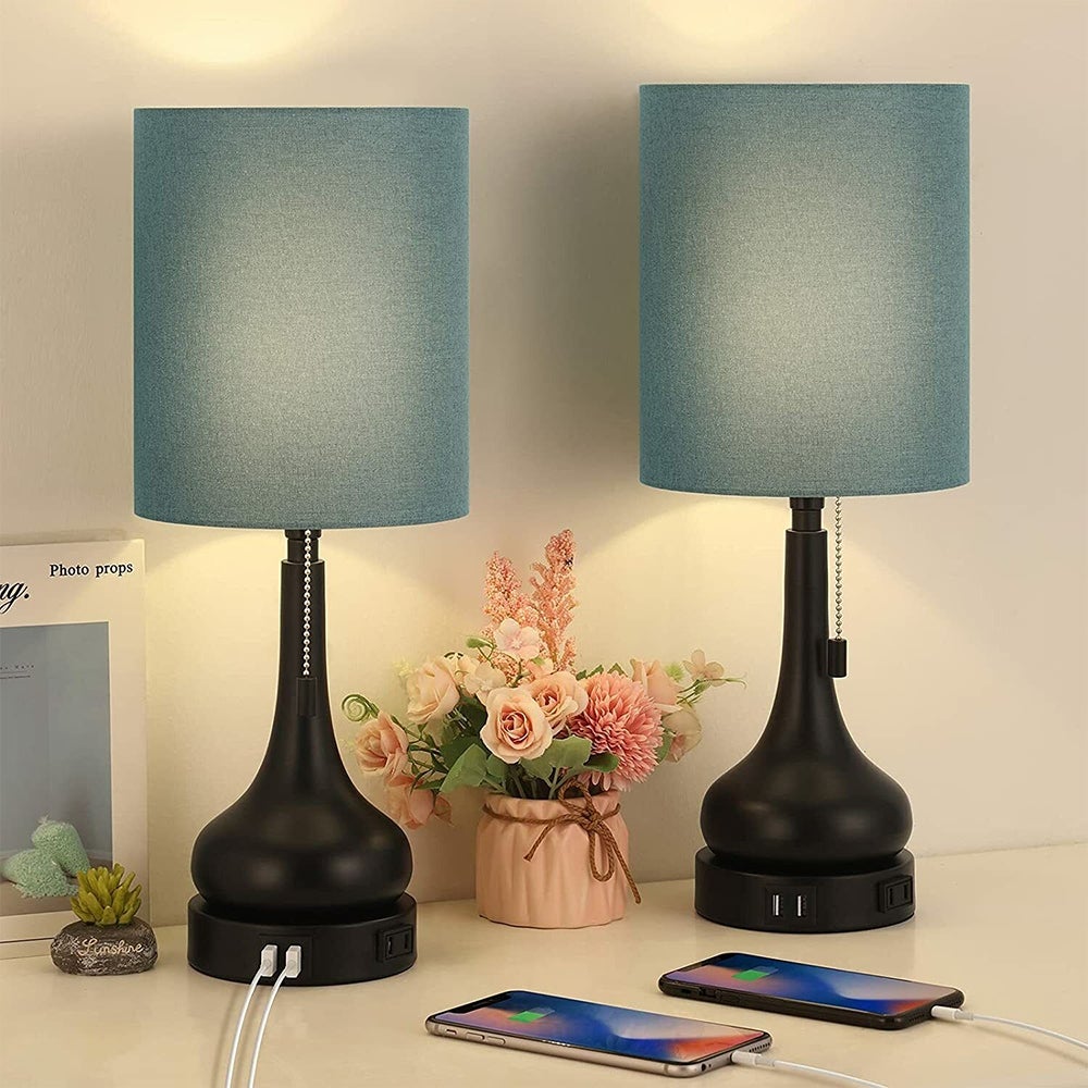 Set of 2 Table Lamps Touch Bedside Lamps with Dual USB Blue Black - 6.9