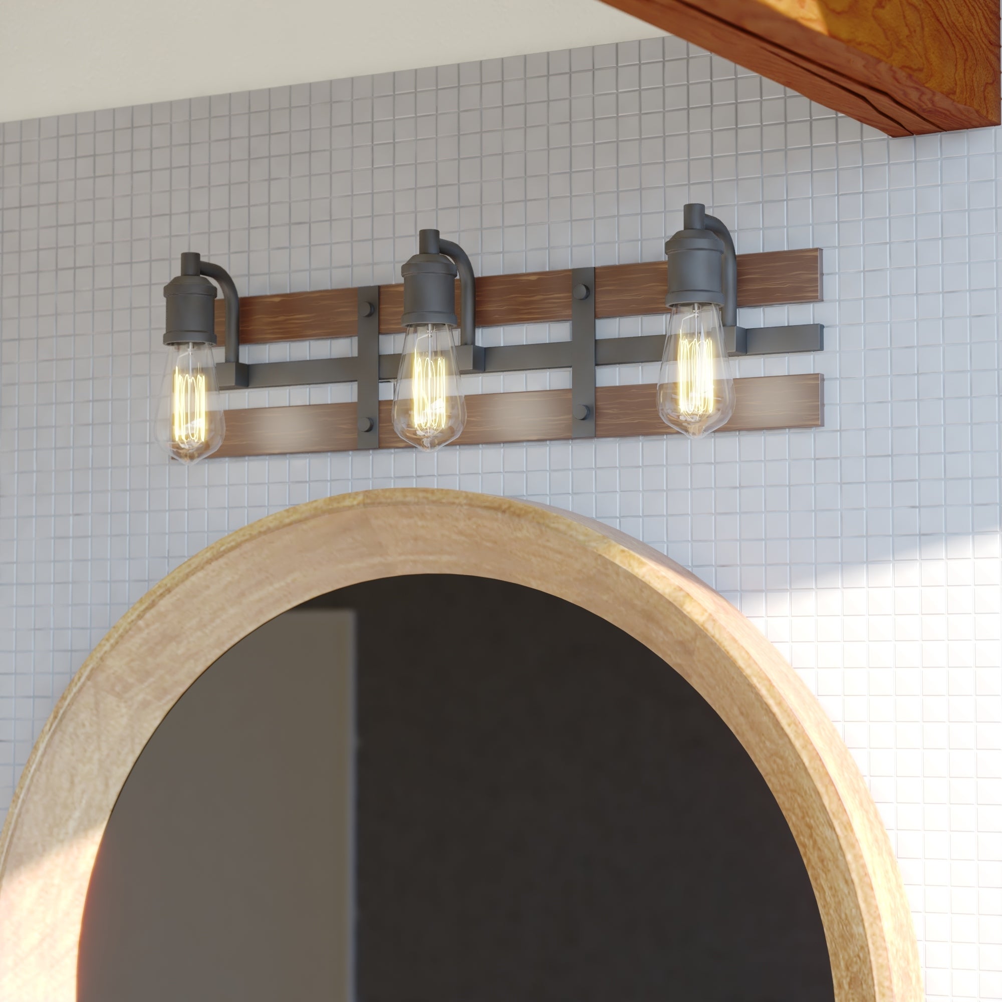 Carrington Black and Solid Wood Walnut Finish Slat Farmhouse Bathroom Vanity Light Fixture - Mycitystee