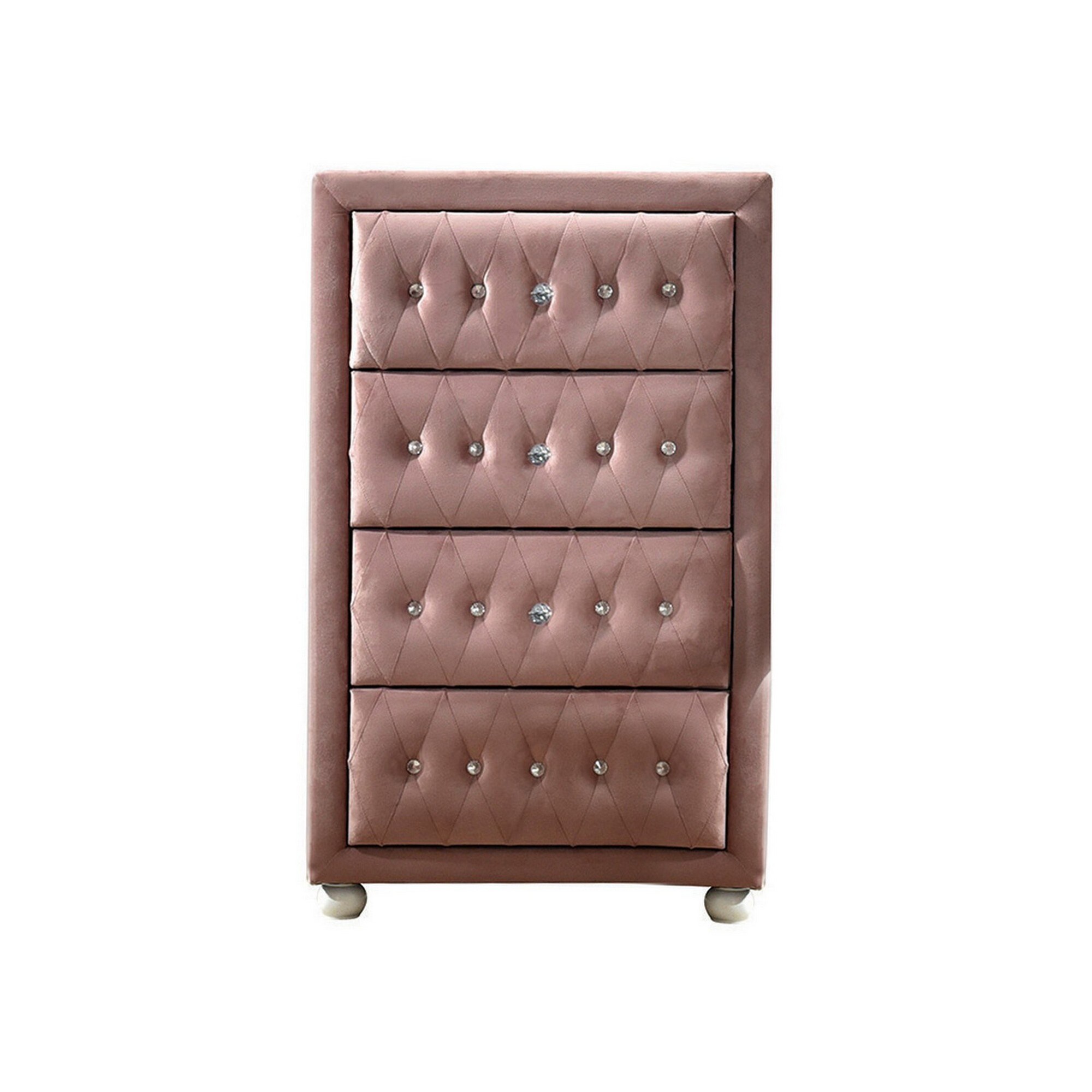 Rex 38 Inch Tall Upholstered Dresser Chest， 4 Drawer， Crystal Handles， Pink - - 36106337 - Mycitystee