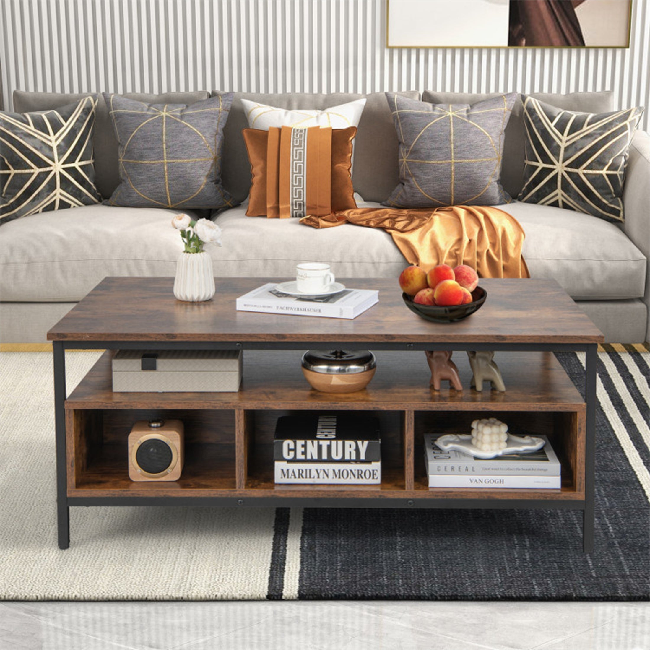 Heavy Duty Metal Frame 3 Tier Industrial Style Coffee Table - Mycitystee