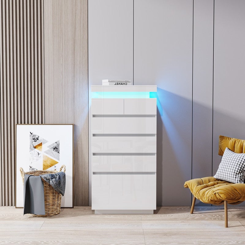 Modern 6-Drawer Dresser with LED Lights， Chest of 6 Drawers， Storage File Cabinet Unit Nightstandfor Bedroom - - 37165027 - Mycitystee