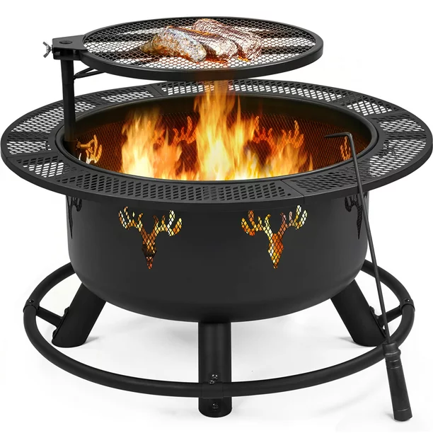 SmileMart 32” Round Wood Burning Fire Pit for Outdoor， Black - Mycitystee