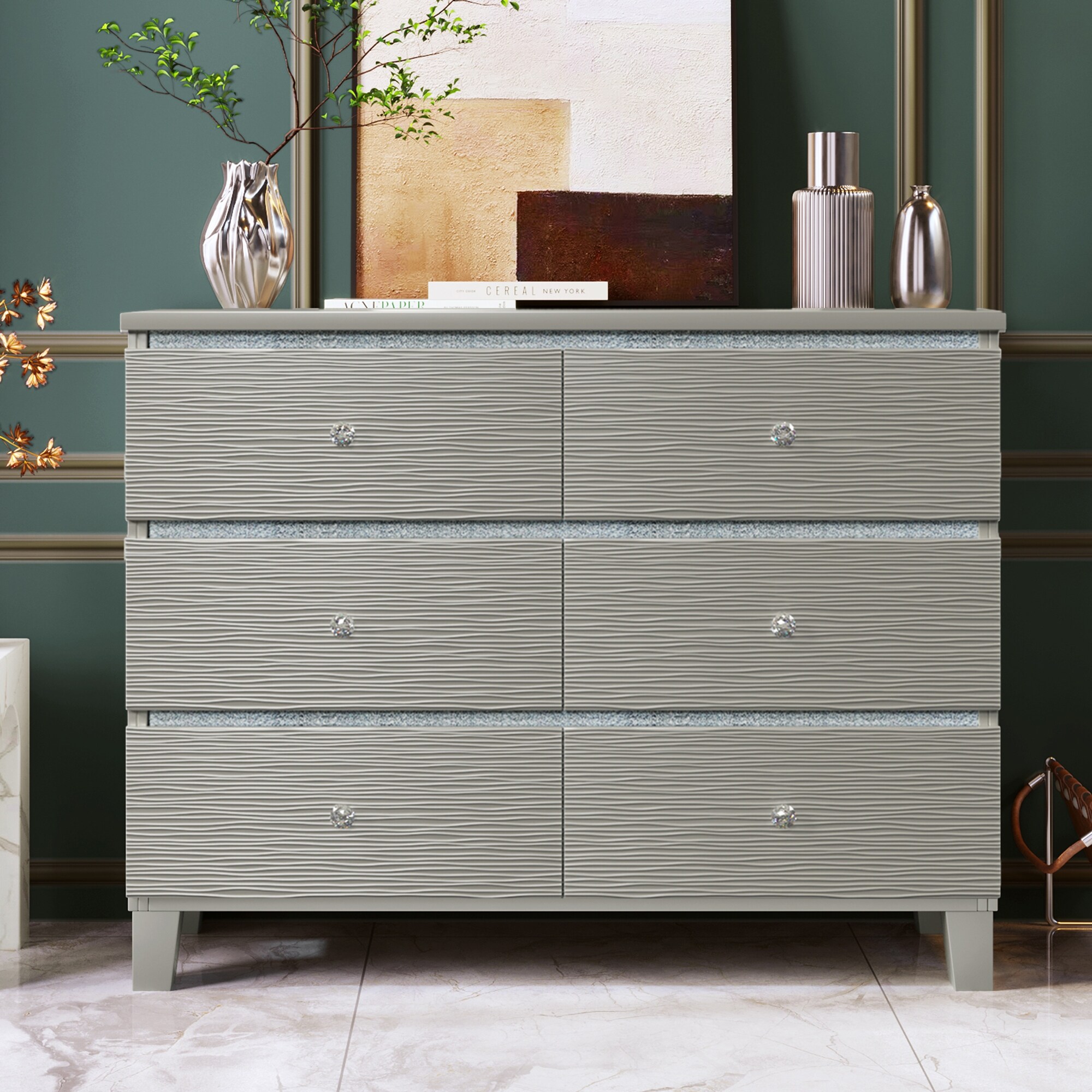 Champagne Silver Rubber Wood Dresser with 6 Drawers - - 37527470 - Mycitystee