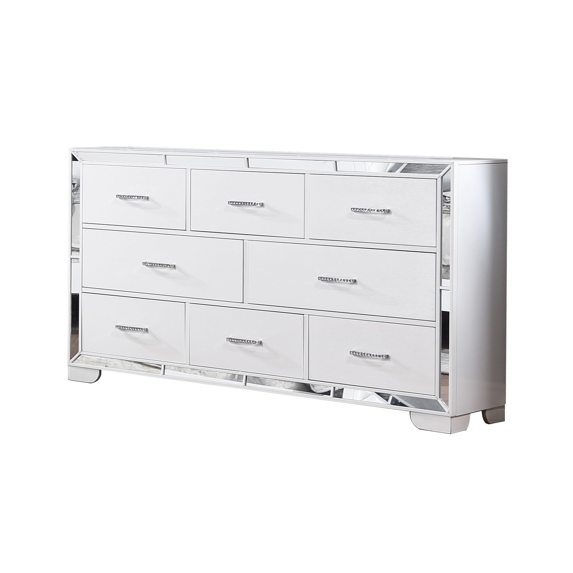 Koi 64 Inch Pine Wood Dresser， 8 Drawers， Wire Brushed， Mirror Trim， White - - 36907784 - Mycitystee