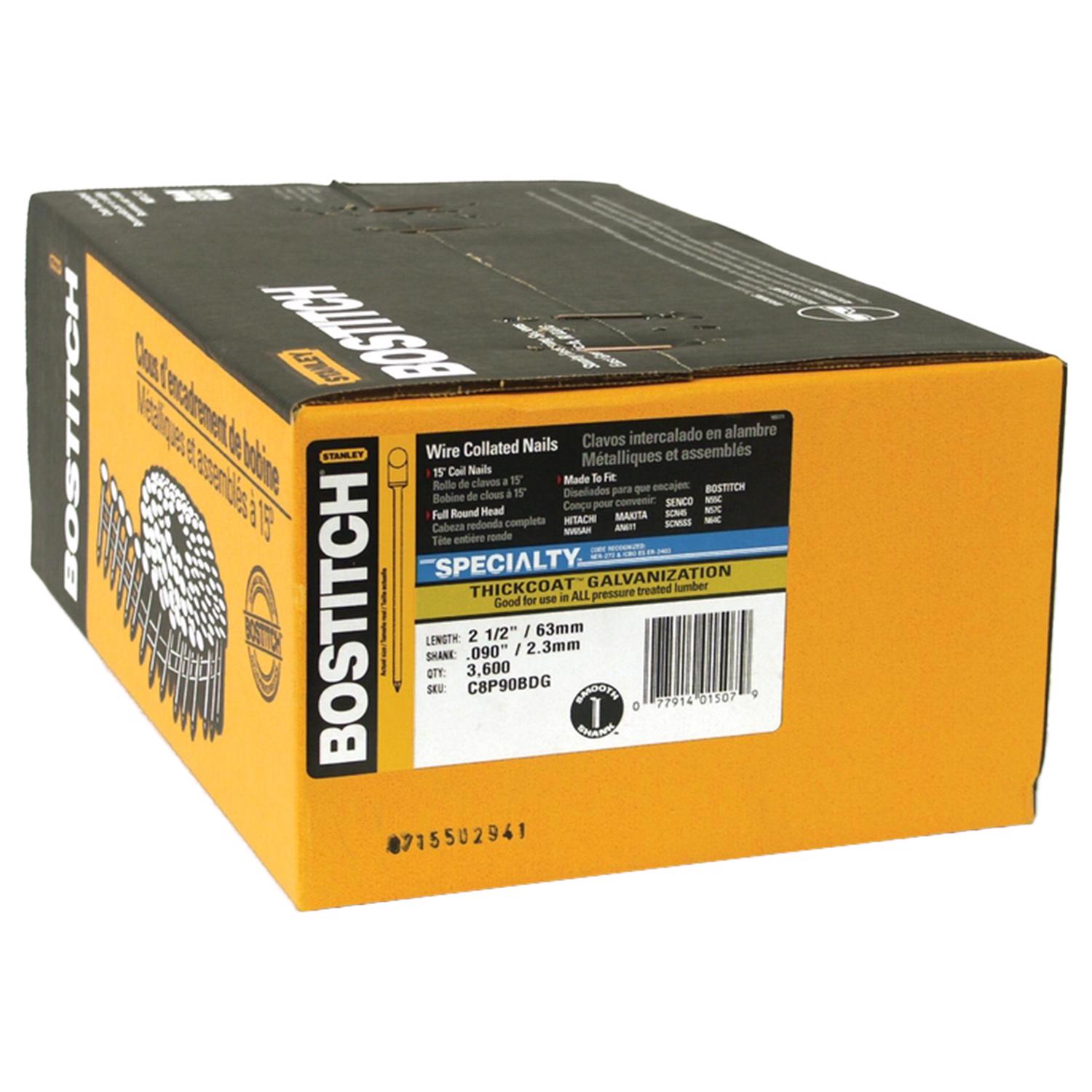 Bostitch 2-1/2 in. 13 Ga. Angled Coil Galvanized Siding Nails 15 deg 3，600 pk - Mycitystee