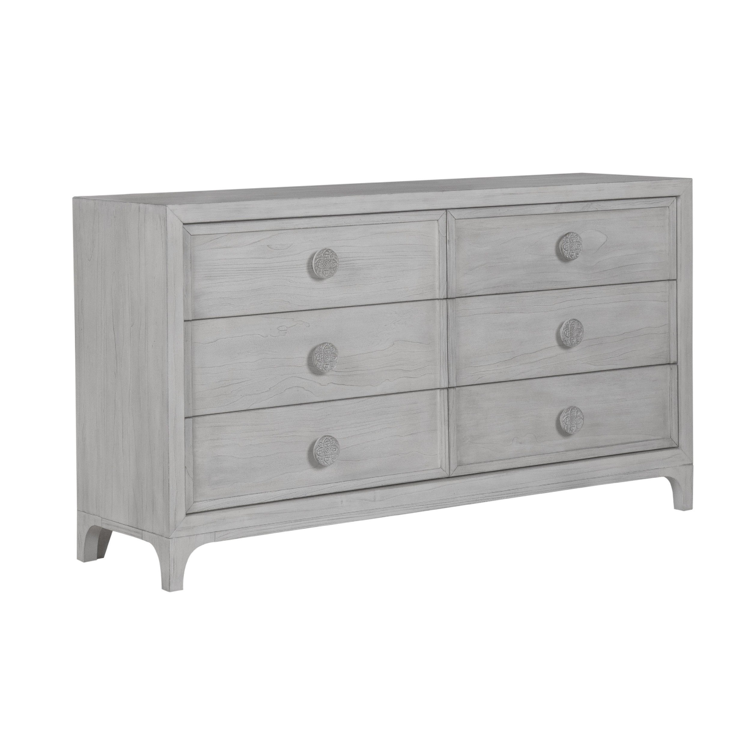 66 Inch Lou Wood 6 Drawer Bedroom Dresser with Carved Knobs， Washed White - - 35628548 - Mycitystee