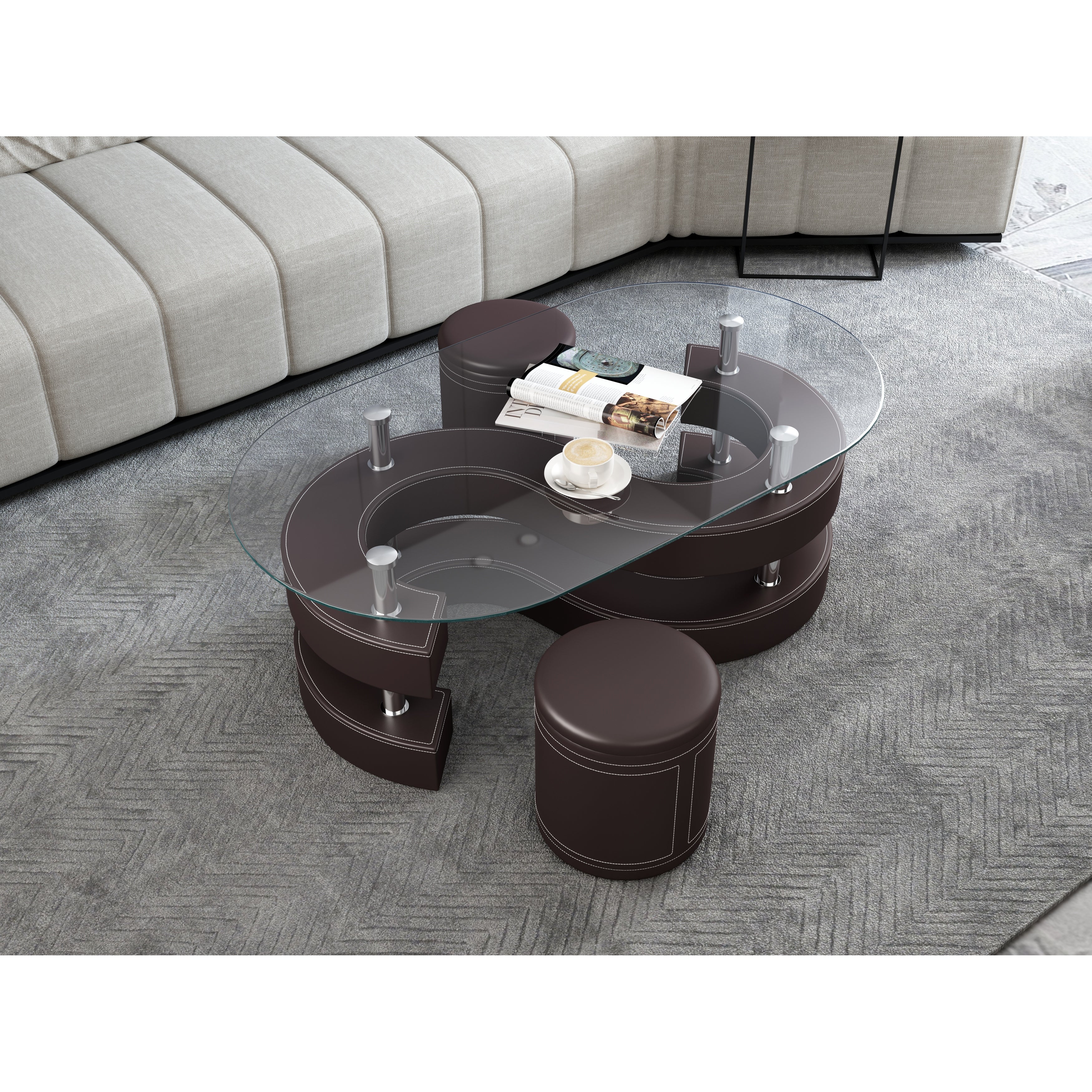 3 Pieces Coffee Table Set with tempered glass top， Sofa Table with leather surface S shape base and 2 Leather Stools - Mycitystee
