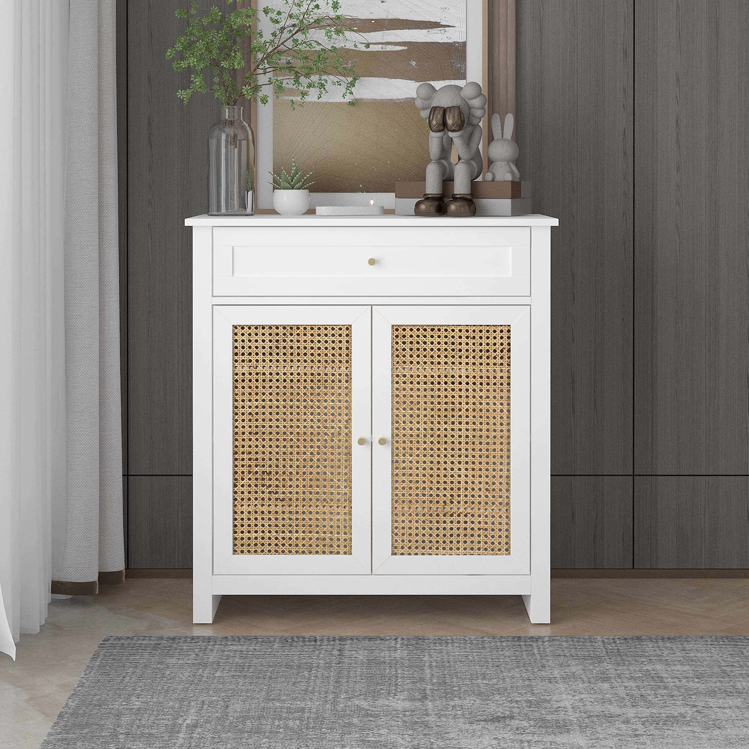 Sideboard Buffet Cabinet， Rattan Storage Accent Cabinet with Drawer and Adjustable Shelf for Hallway， Entryway - as picture - - 37668414 - Mycitystee