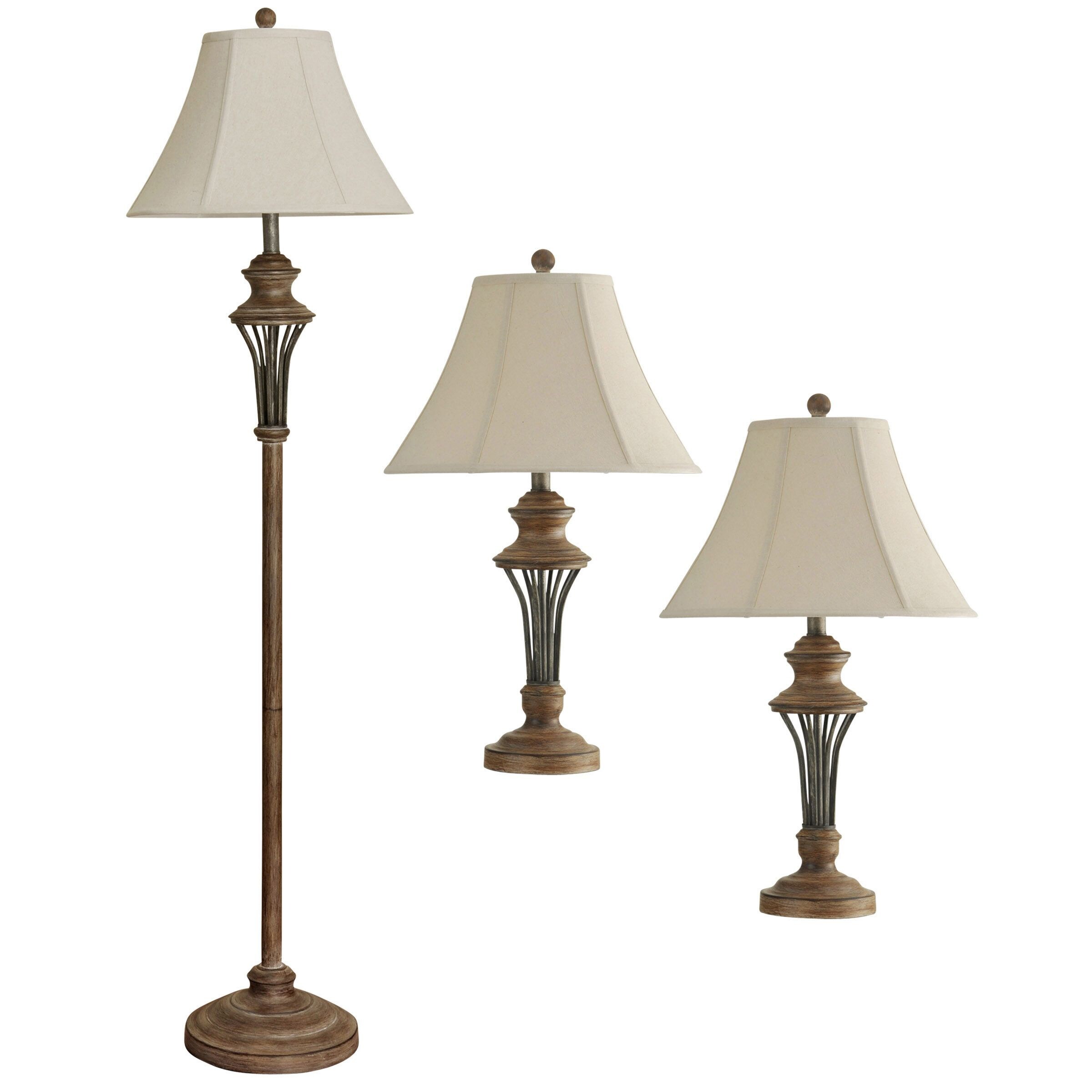 StyleCraft Moraga Natural Wood Table and Floor Lamp Set - Cream Fabric Shade (Set of 3) - Mycitystee