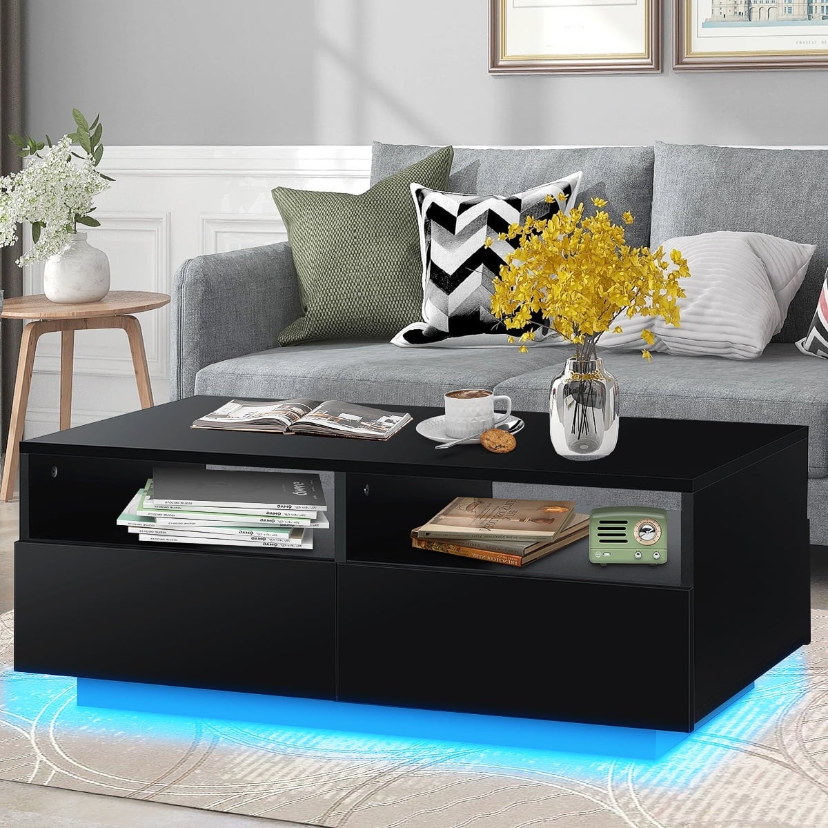 High Gloss LED Coffee Table Modern Black Coffee Table with Storage Drawer， 35.4 x 22 x 13.8 Inches - Mycitystee