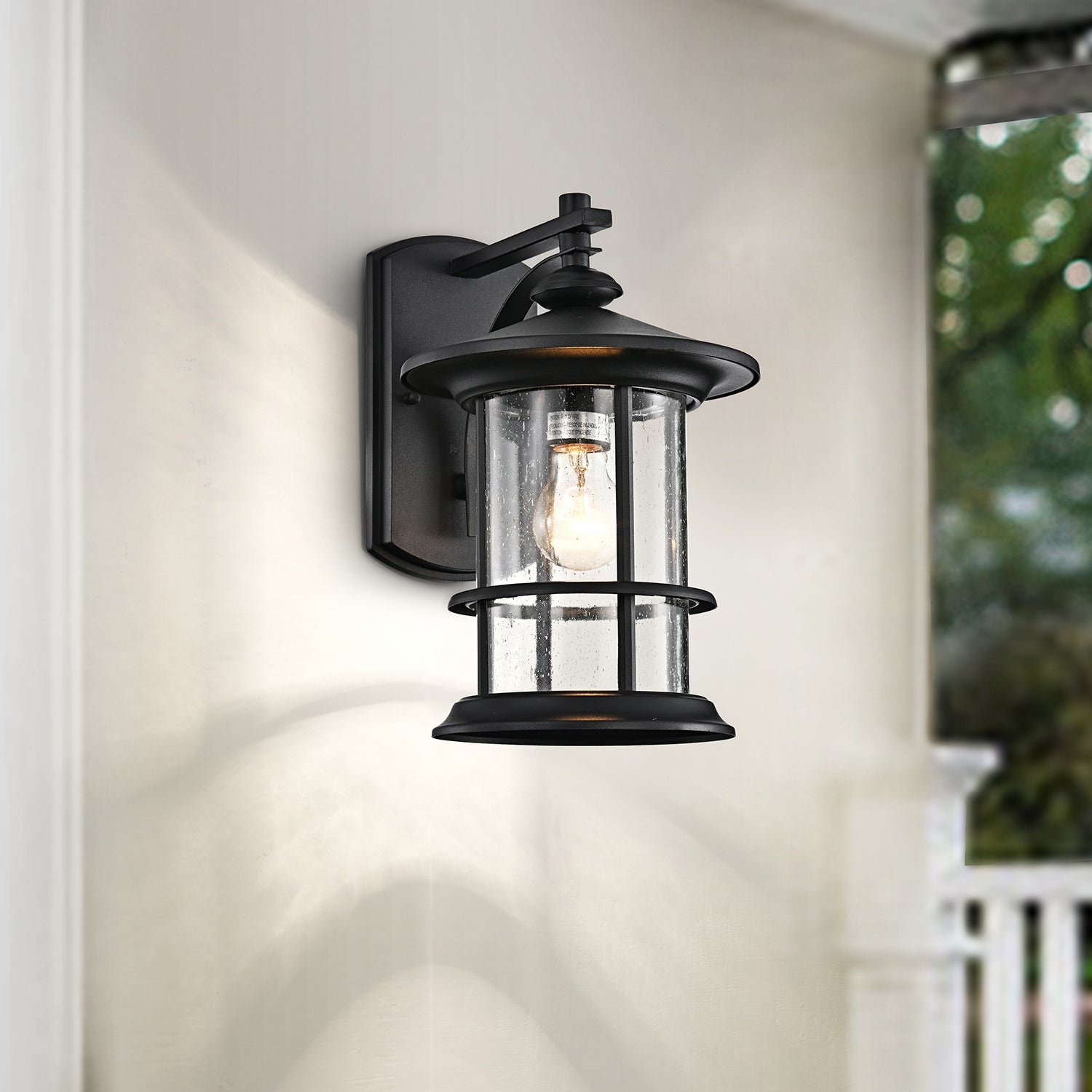 1-Light Outdoor Wall Sconce Lantern， Black Finish with Seeded Glass Shade - 13*8*10 Shopping - The Best Deals on Outdoor Wall Lanterns | 38464133 - Mycitystee