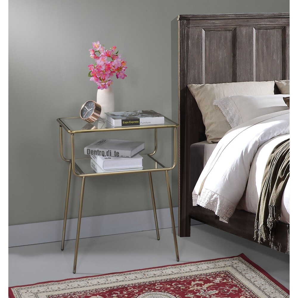 Aoolive End Table Nightstand in Antique Gold， Mirror and Clear Glass - Mycitystee
