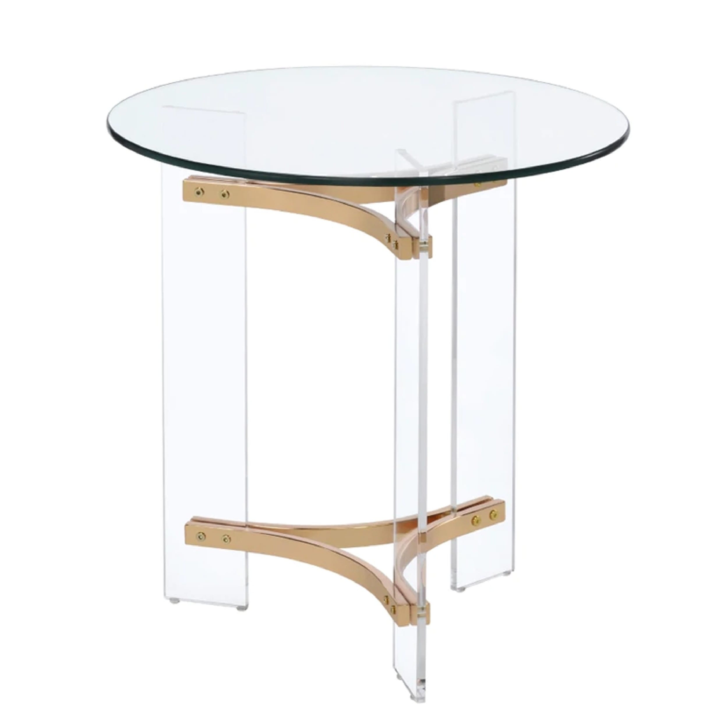 Hale 23 Inch Round End Table， Glass Top， Acrylic Legs， Clear， Gold - Mycitystee