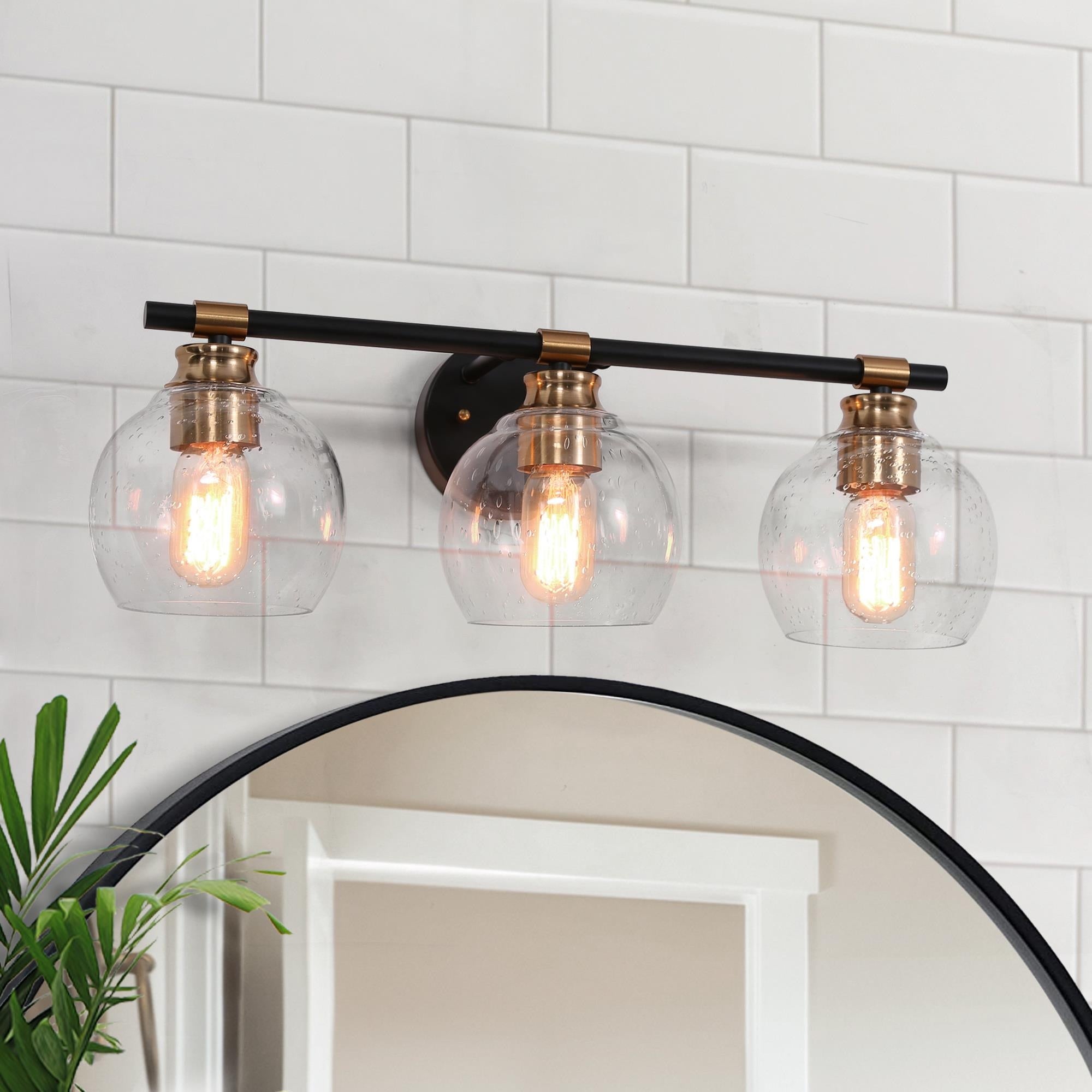 Iain Modern Black 2/3/4-Light Bathroom Vanity Lights Globe Seeded Glass Dimmable Wall Sconces - Mycitystee