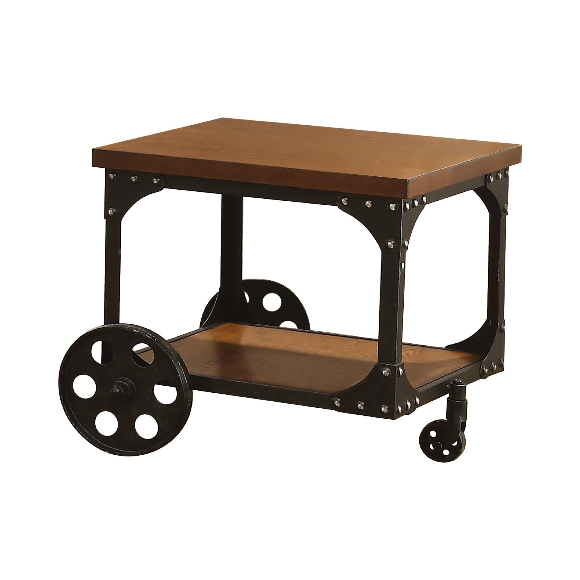 Industrial Style Solid Wooden End Table With Metal Accents and Wheels， Brown - Mycitystee