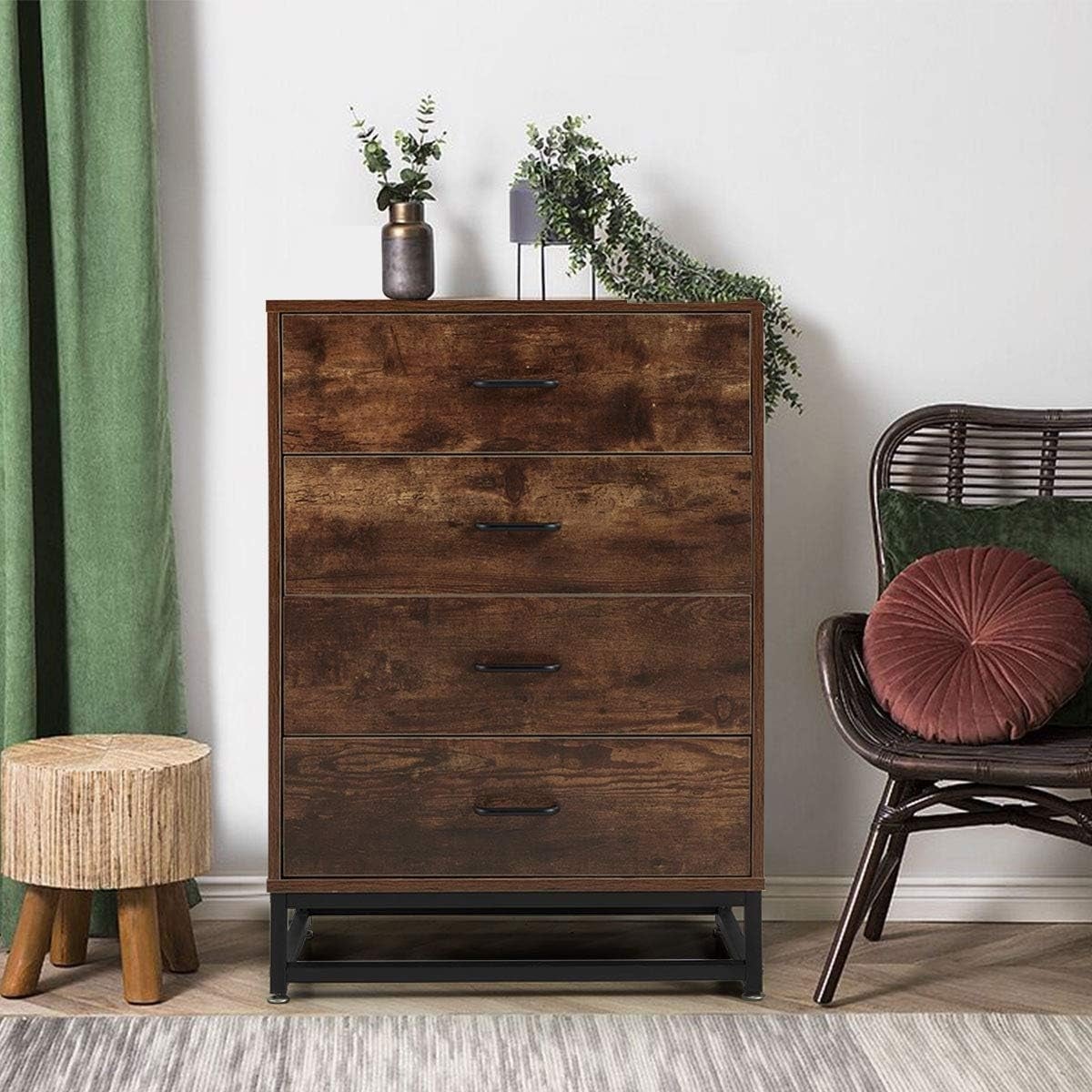 EROMMY Chest of Drawers， Industrial Tall Dresser with 4 Drawers，Wood Storage Cabinet with Sturdy Metal Frame - - 37506100 - Mycitystee