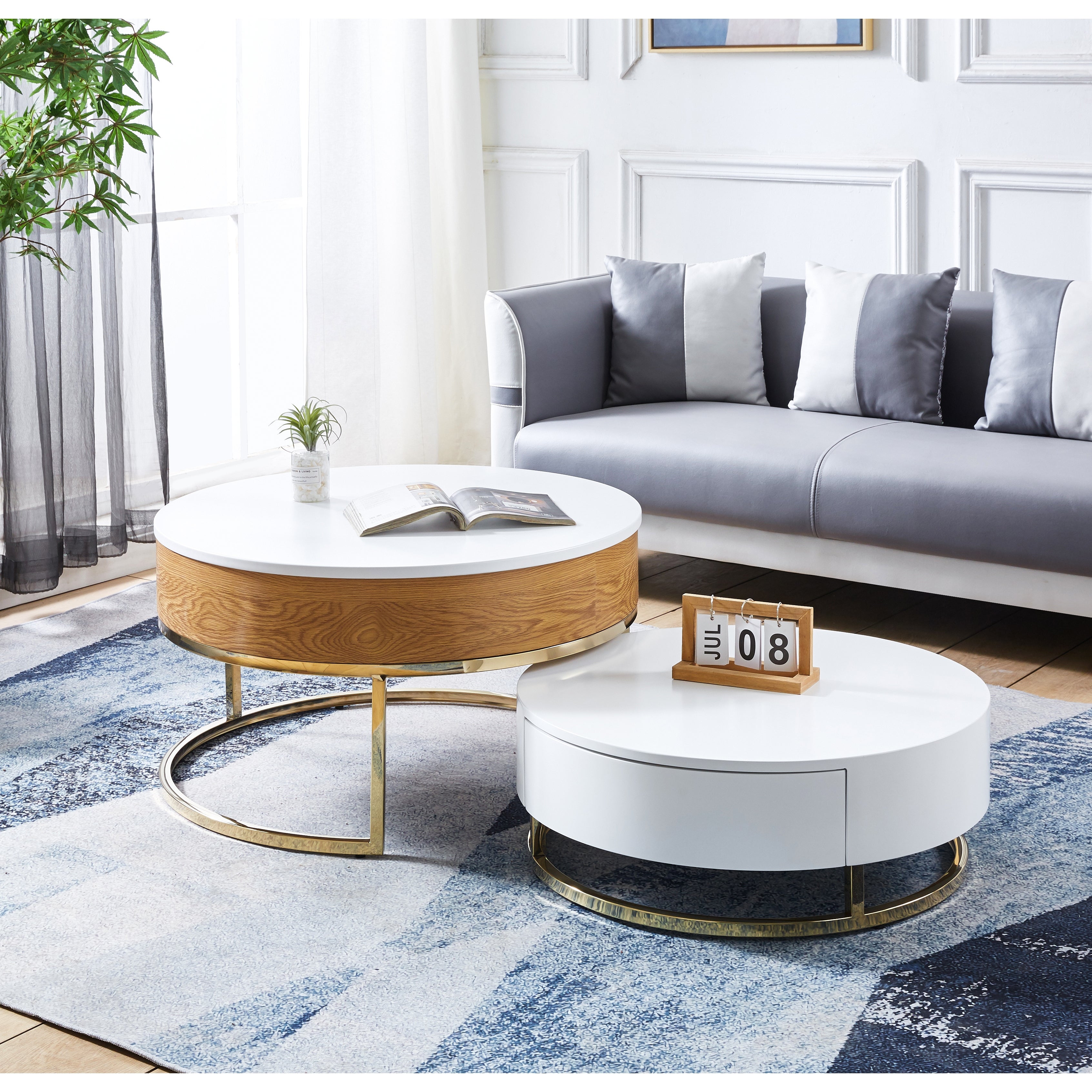Nesting Storage Coffee Table Set of 2， Round MDF White End Table with Gold Finish Metal Base and Drawers for Living Room - Mycitystee