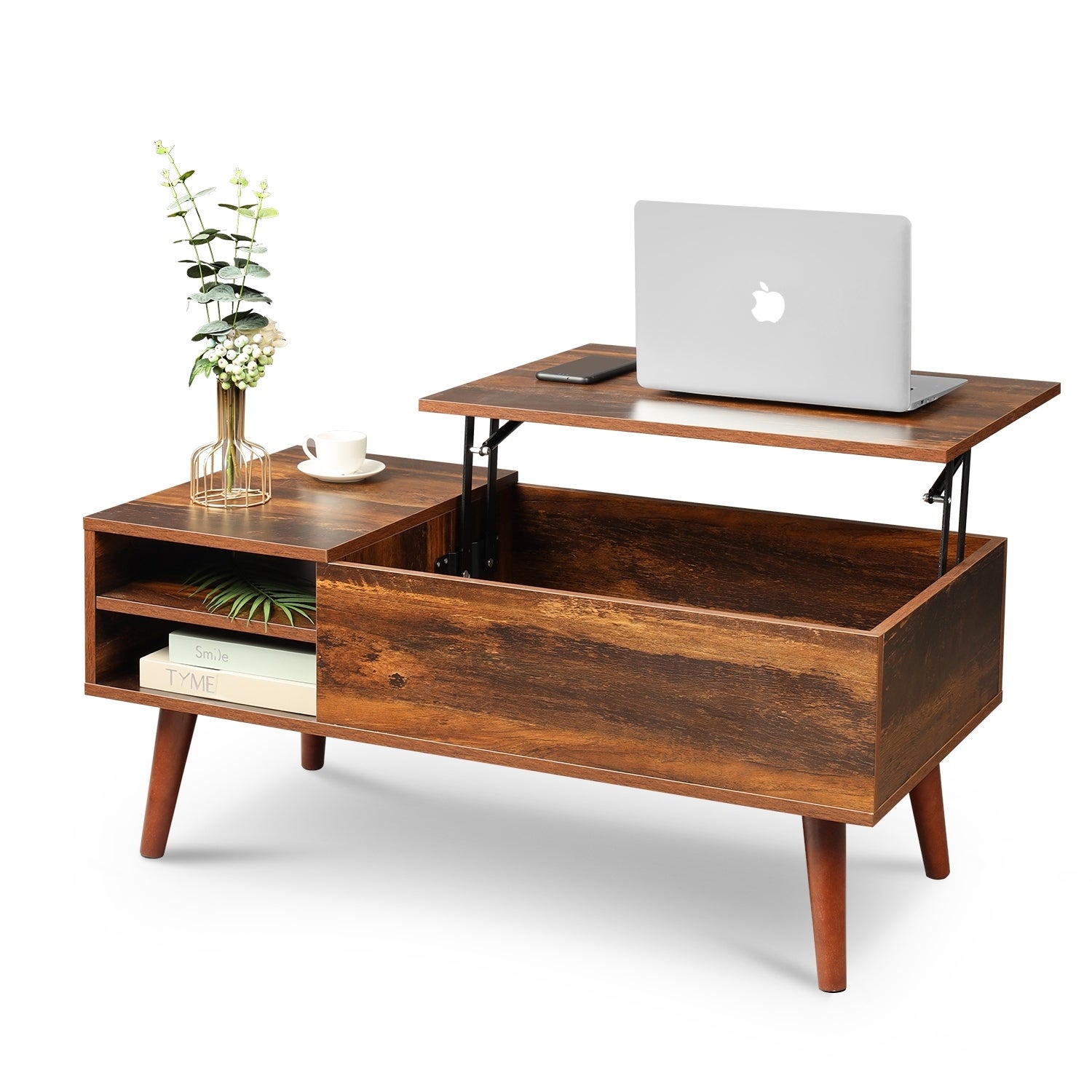 Wood Lift Tabletop Dining Table， Lift Top Coffee Table with Hidden Compartment and Adjustable Storage Shelf - Mycitystee