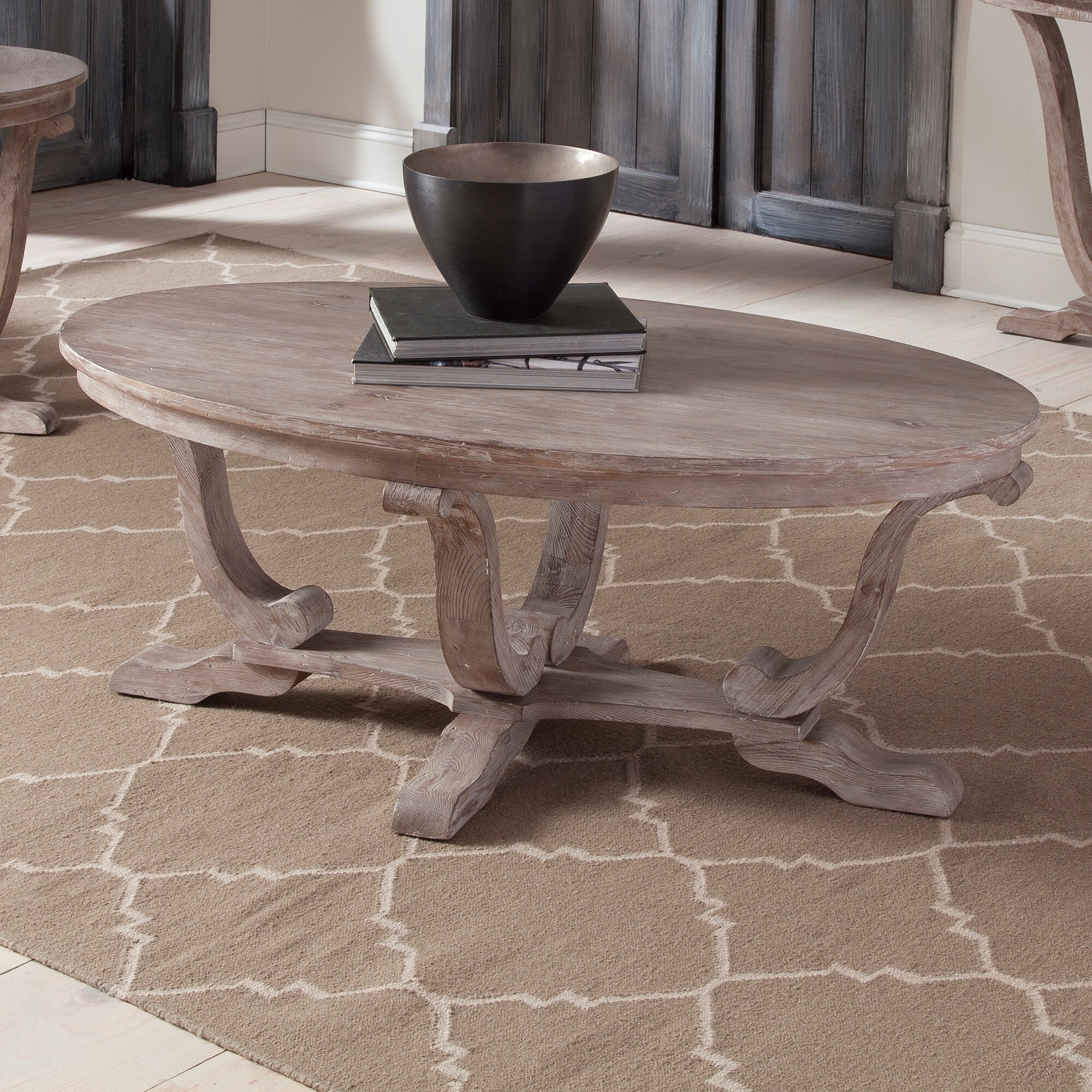 The Gray Barn Greystone Mill Stone White Wash Wire brush Oval Cocktail Table - Mycitystee