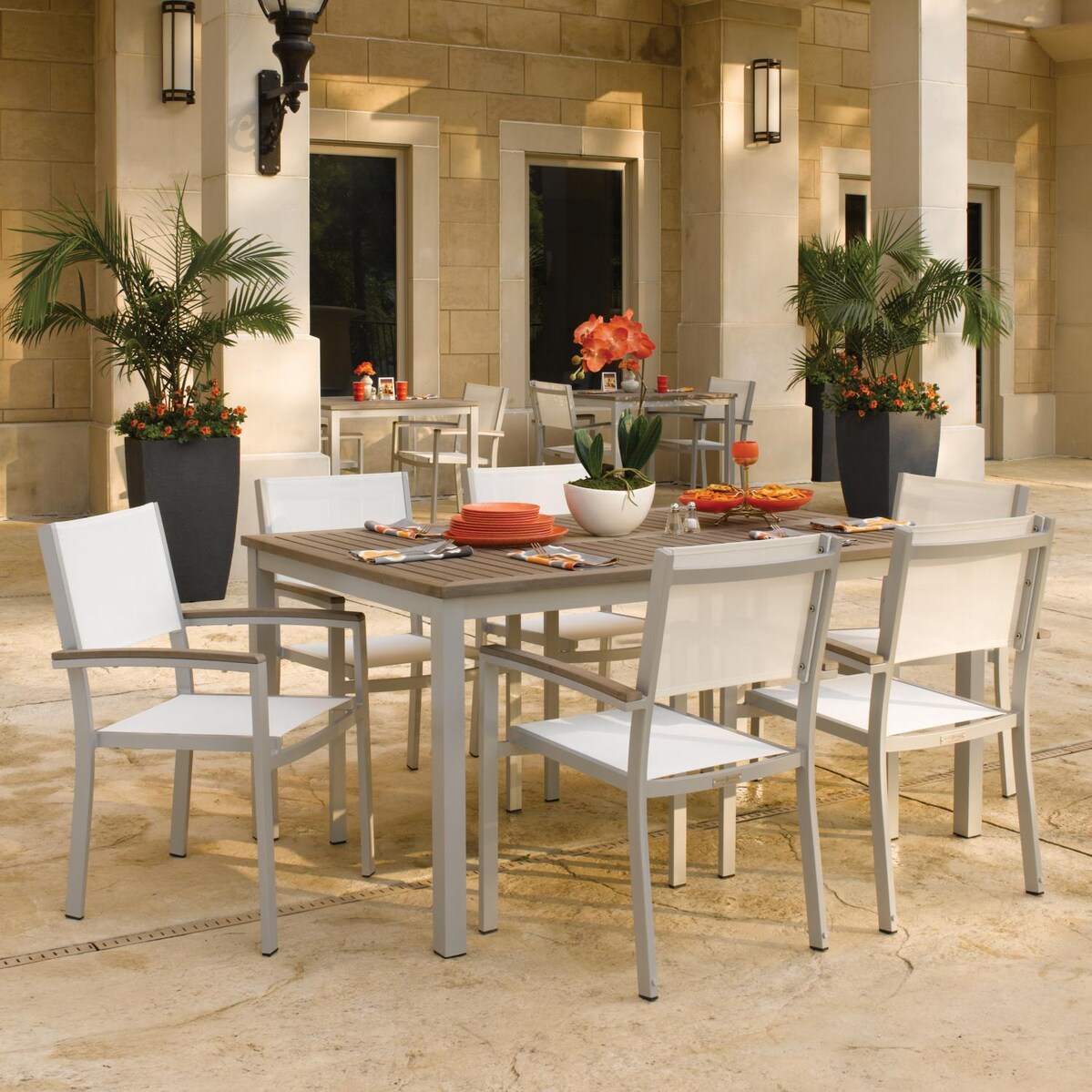 Travira 7 Piece Aluminum Patio Dining Set W/ Natural Sling Stacking Chairs and 63 Inch Rectangular Tekwood Vintage Table By Oxford Garden - Mycitystee