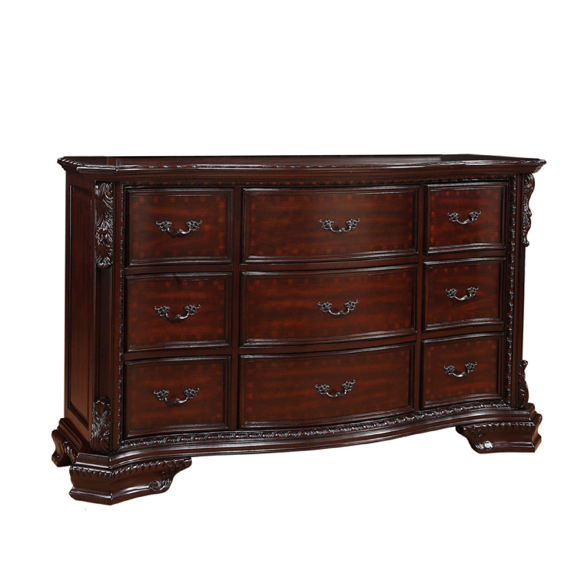 9 Drawers Dresser with Engraved Details and Bracket Feet， Cherry Brown - - 31269597 - Mycitystee