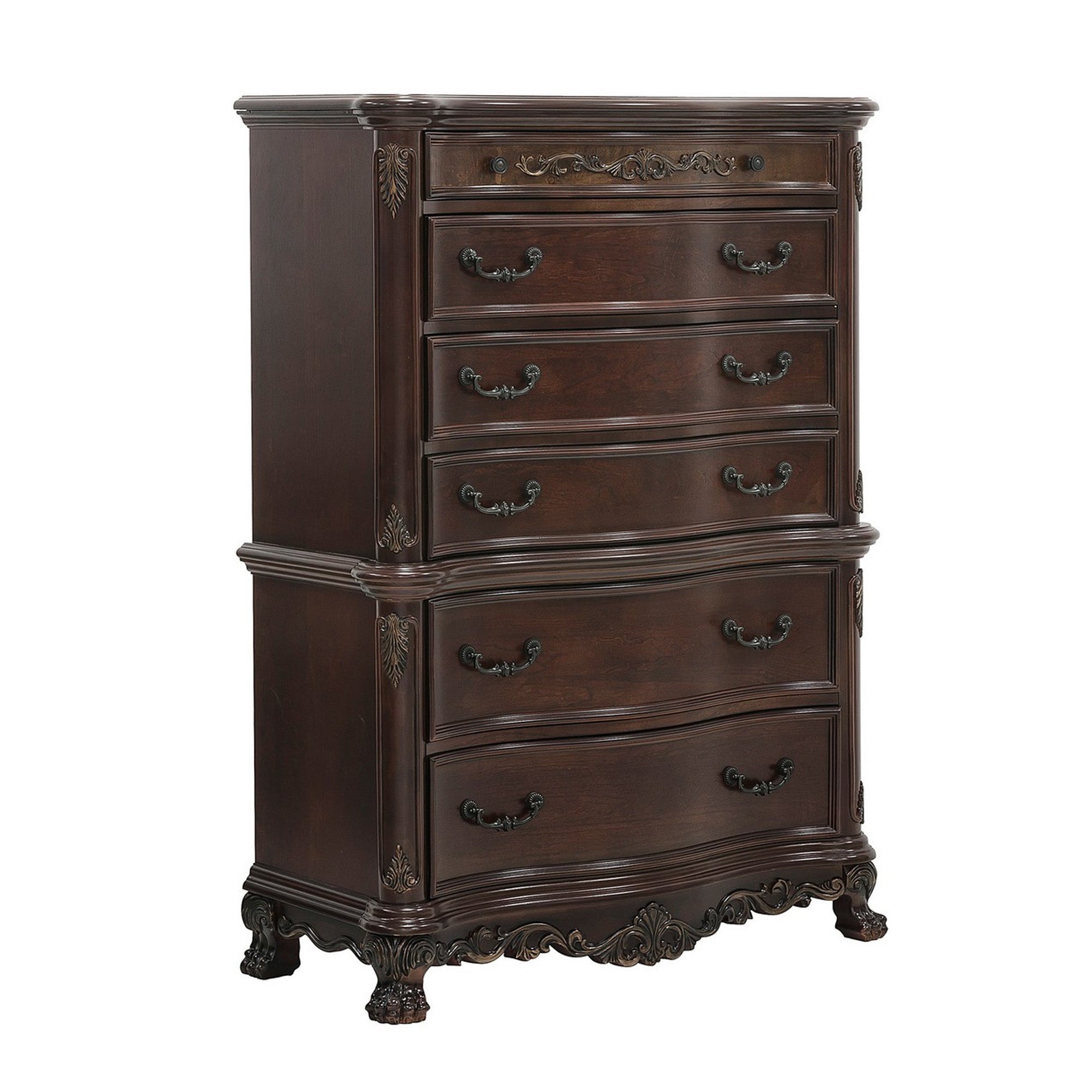 6 Drawer Vertical Chest with Claw Feet and Carved Apron， Cherry Brown - - 31624055 - Mycitystee